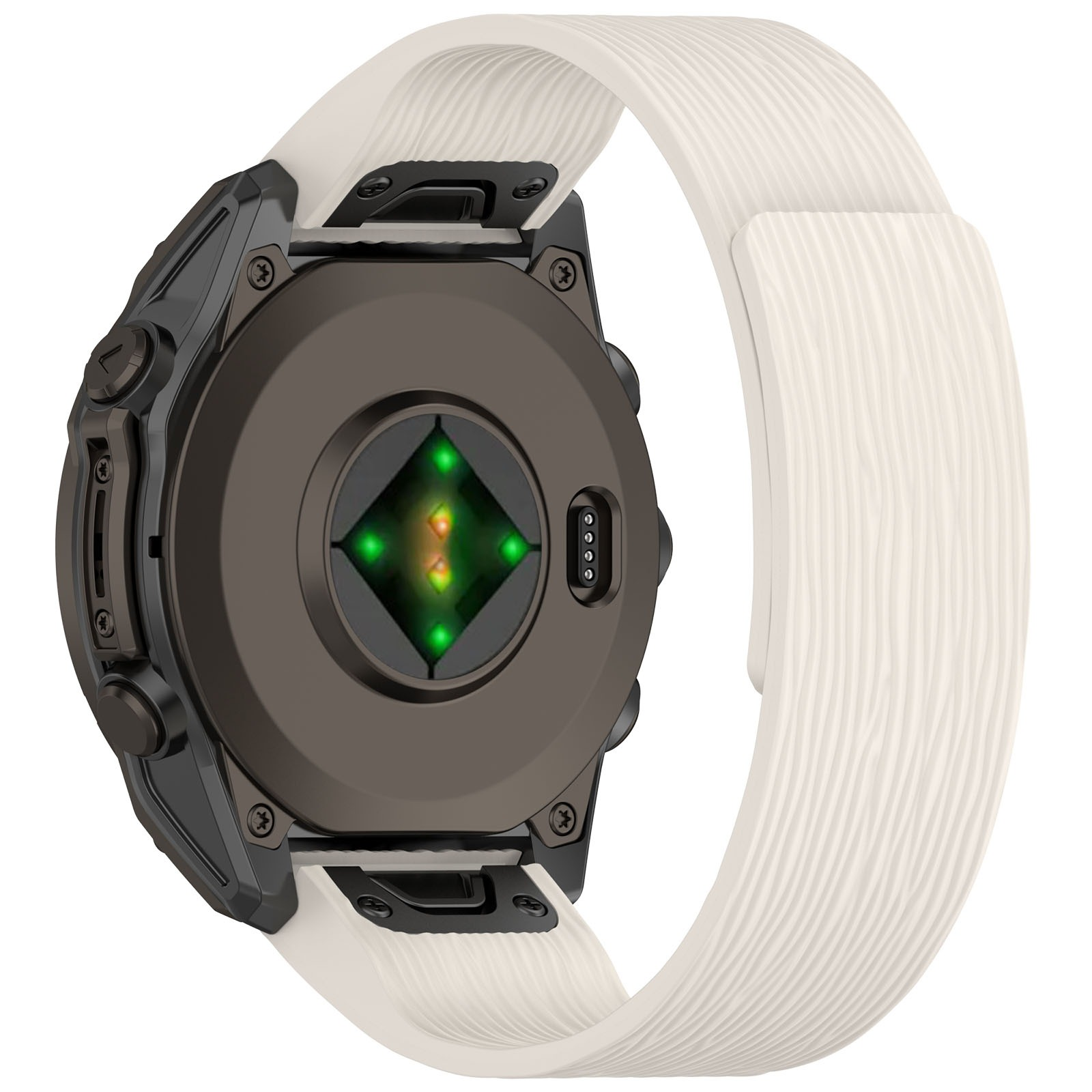Eine schwarze und graue Smartwatch mit weißem Armband. Die Rückseite hat einen Herzfrequenzsensor mit grünen Lichtern.