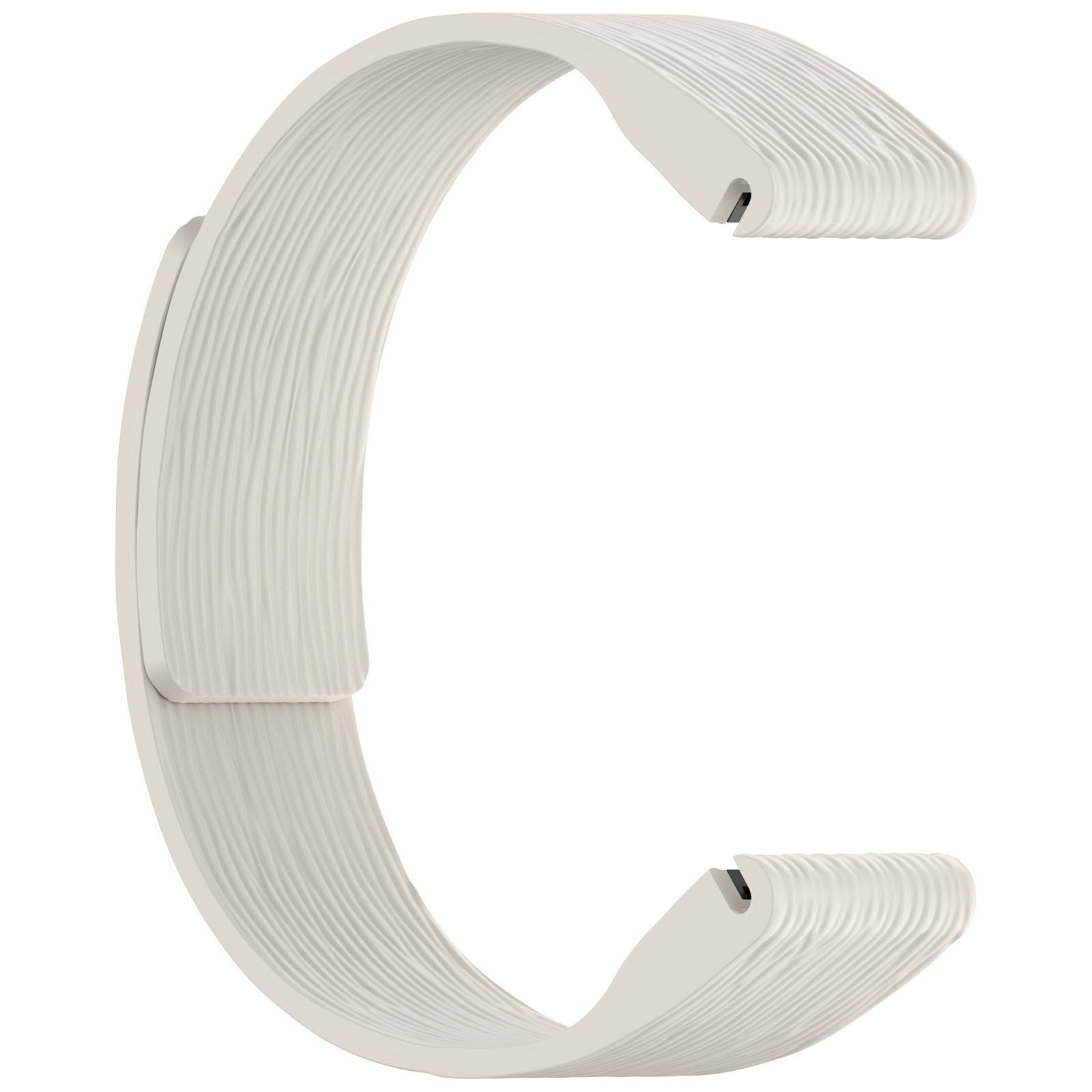 Ein gebogenes, cremefarbenes Uhrenarmband mit strukturierter Oberfläche. Es hat einen Verschluss und scheint aus flexiblem Material zu sein.