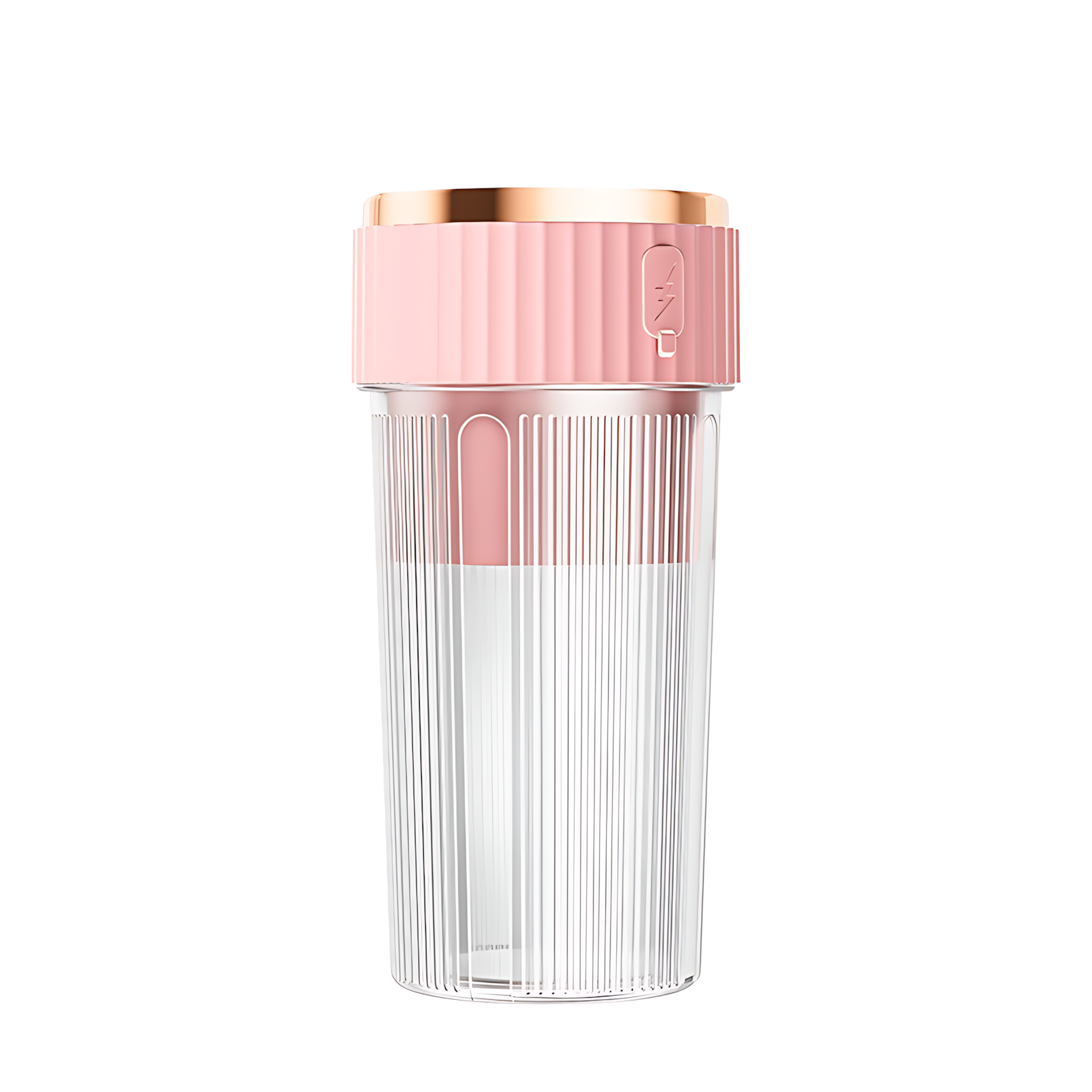 Ein tragbarer Mixer in Rosa und Klar auf weißem Hintergrund. Er hat einen roségoldenen Ring oben.