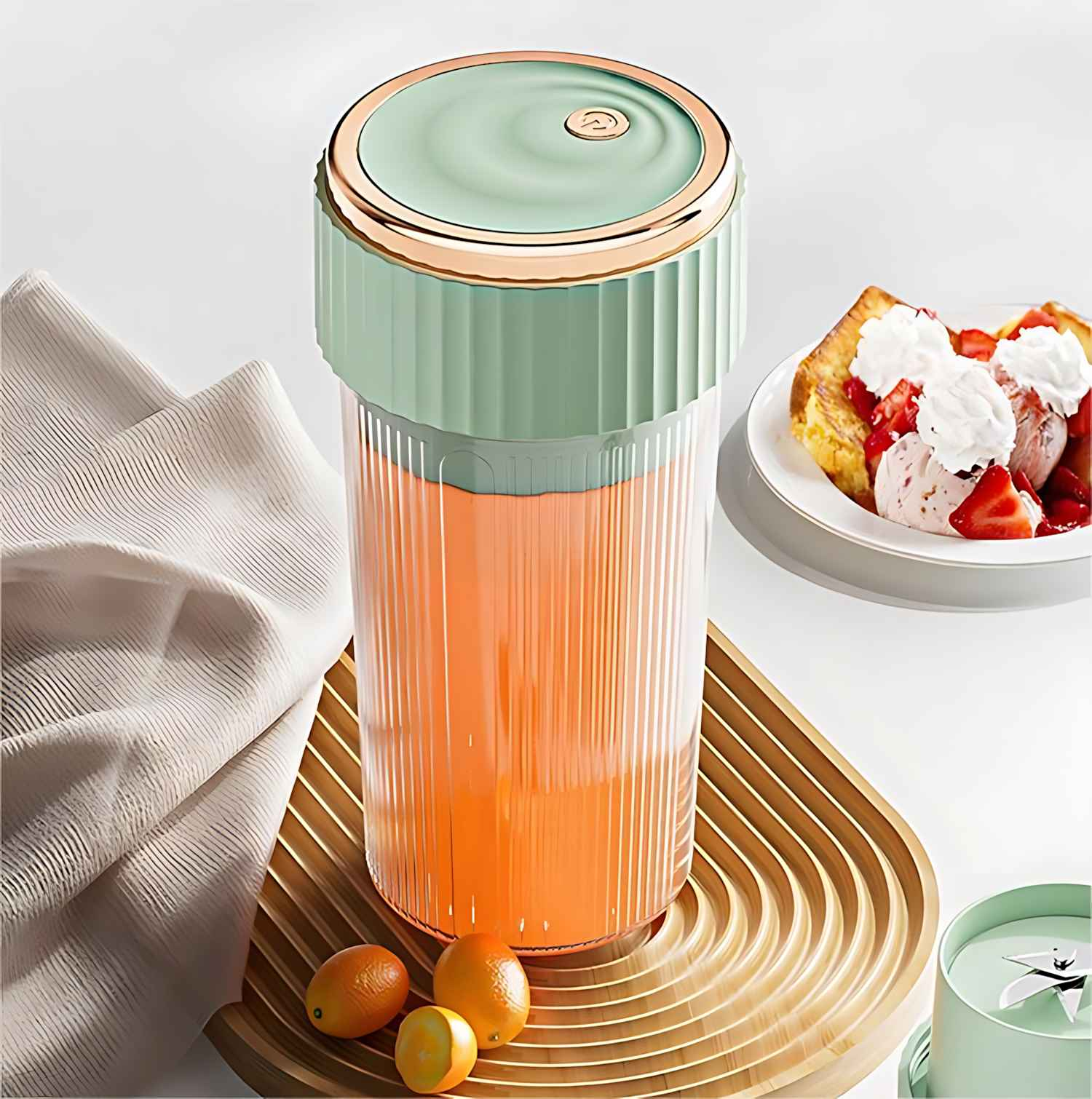 Ein Mixer mit orangener Flüssigkeit, Orangen und ein Dessert mit Erdbeeren und Sahne stehen auf einem Holztablett. Daneben liegt ein weißes Tuch.