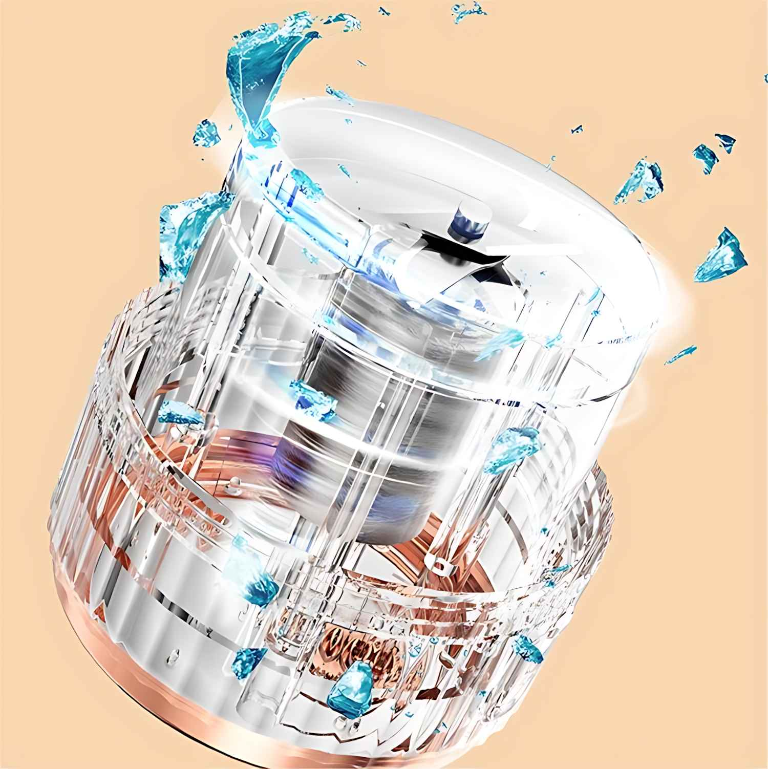 Ein transparenter Mixer mit blauen eisartigen Splittern. Der Mixer hat einen silbernen und kupferfarbenen Sockel mit weißem Deckel. Hellorange Hintergrund.