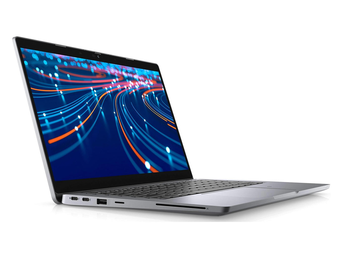 Ein silberner Laptop ist angewinkelt geöffnet und zeigt einen blauen Bildschirm mit orangen und weißen Linien. Der Hintergrund ist weiß.