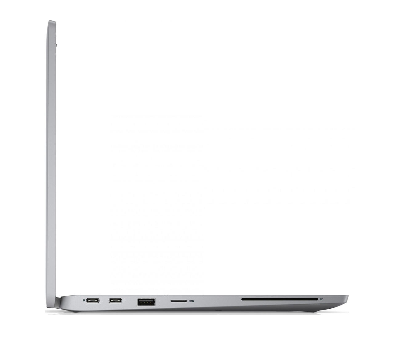 Seitenansicht eines silbernen Laptops. Anschlüsse sind USB-C, USB und SD-Kartensteckplatz. Der Bildschirm ist geschlossen.