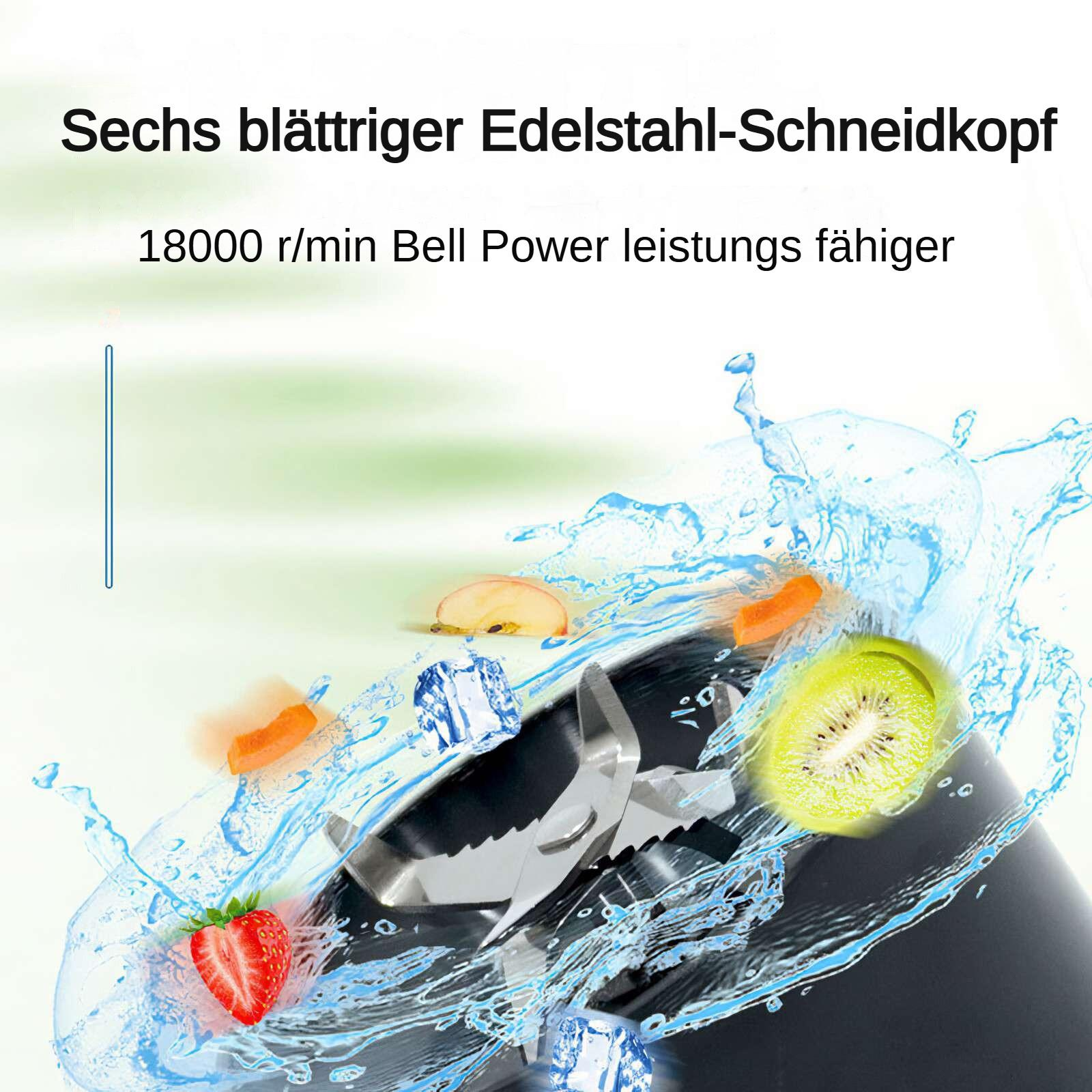 Das Bild zeigt einen Mixer mit Früchten und Eis. Enthält Text über die Klinge und die Leistung.