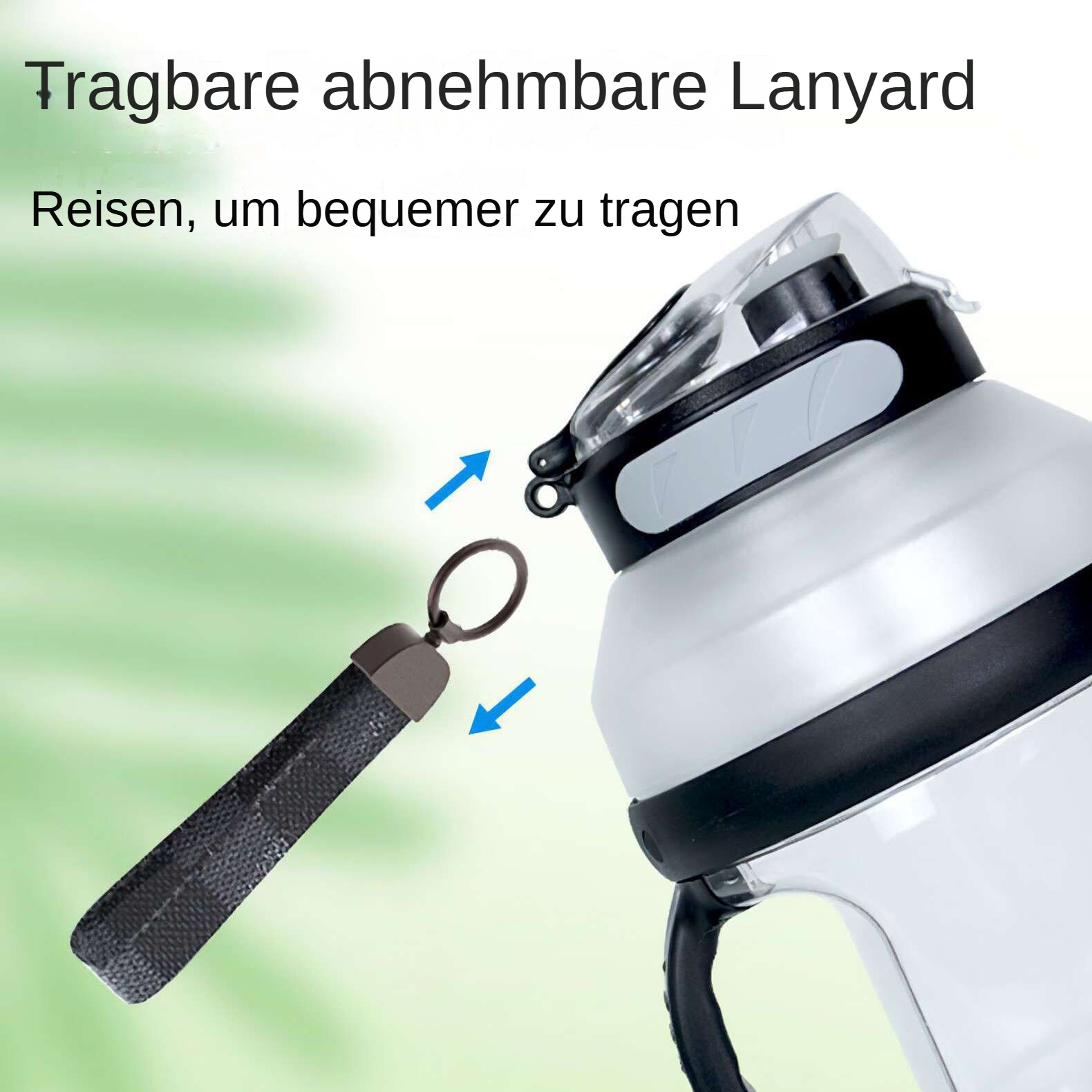 Eine Wasserflasche mit abnehmbarem Schlüsselband. Blaue Pfeile zeigen auf das Schlüsselband und den Befestigungspunkt der Flasche.