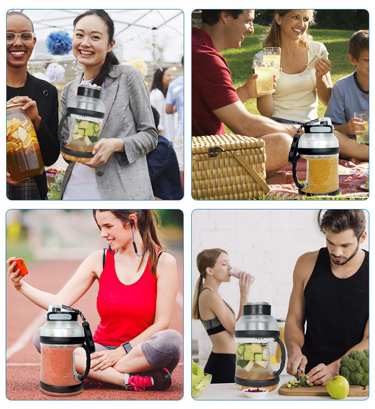Vier Bilder zeigen Menschen mit Getränkebehältern. Die Leute sind draußen, bei einem Picknick, beim Training und bei der Zubereitung von Speisen.