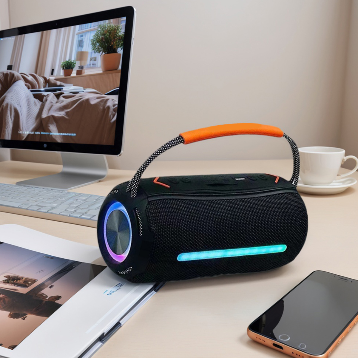 Schwarzer Lautsprecher mit orangefarbenem Griff auf einem Schreibtisch. Ein Computermonitor, Telefon und Tasse sind ebenfalls vorhanden.