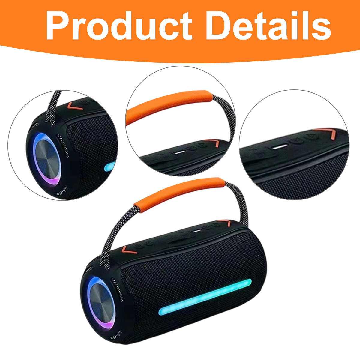 Schwarzer Lautsprecher mit orangefarbenem Griff, beleuchtet mit blauen und violetten Lichtern. Detailaufnahmen zeigen Bedienelemente und Griff.