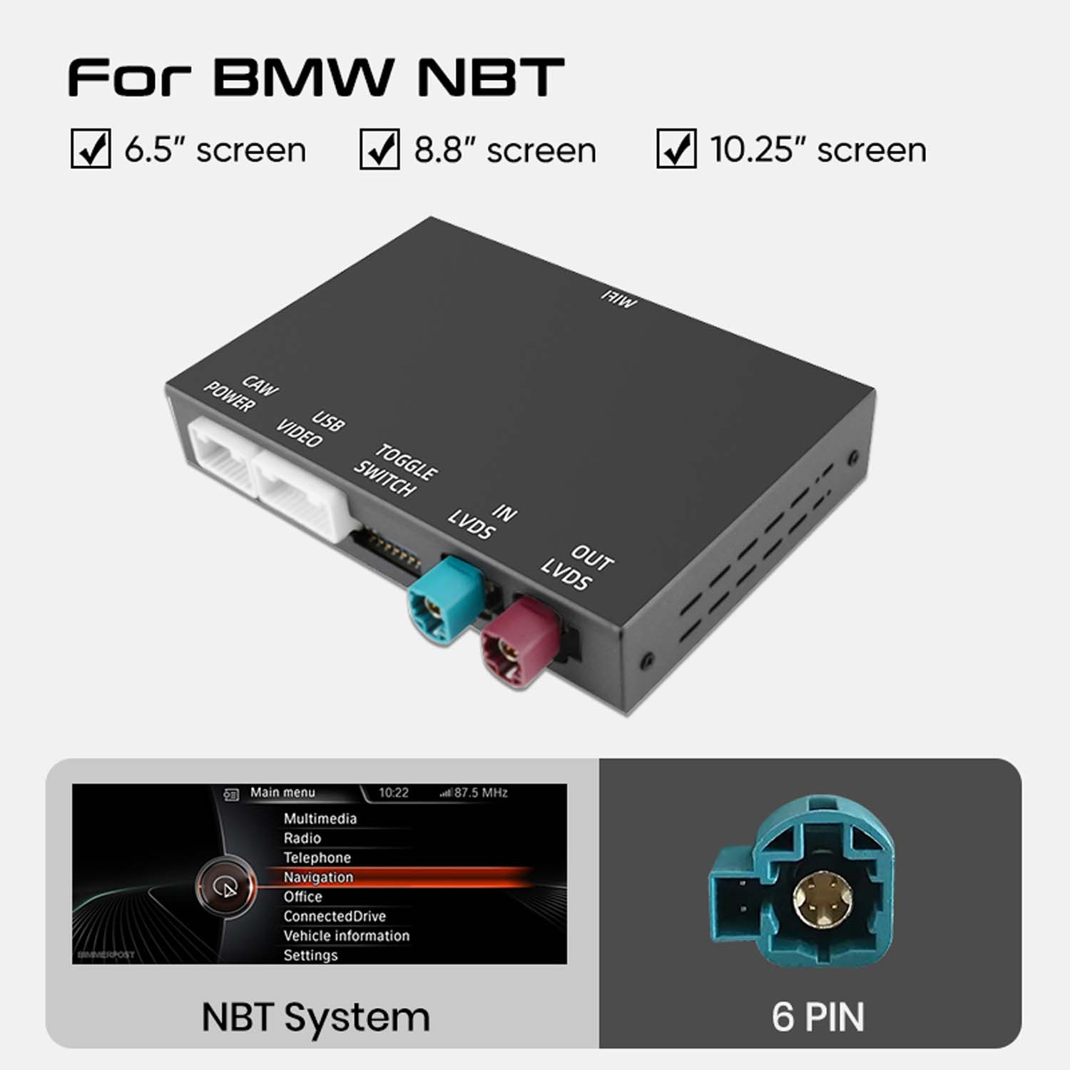 Czarny system NBT z etykietami, złączami i ekranem wyświetlającym opcje menu. Widoczne jest również złącze 6-PIN.