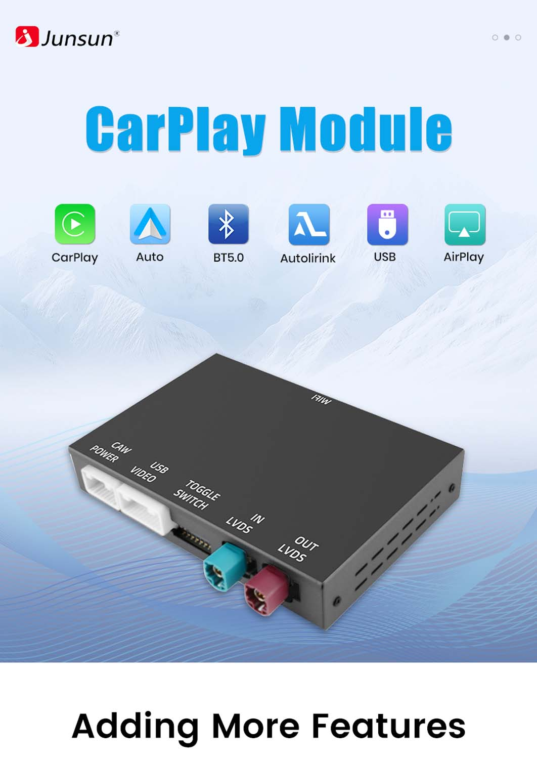 Das Bild zeigt ein CarPlay-Modul mit Symbolen für CarPlay, Auto, BT5.0, Autolink, USB und AirPlay. Der Text unten lautet 'Adding More Features'.