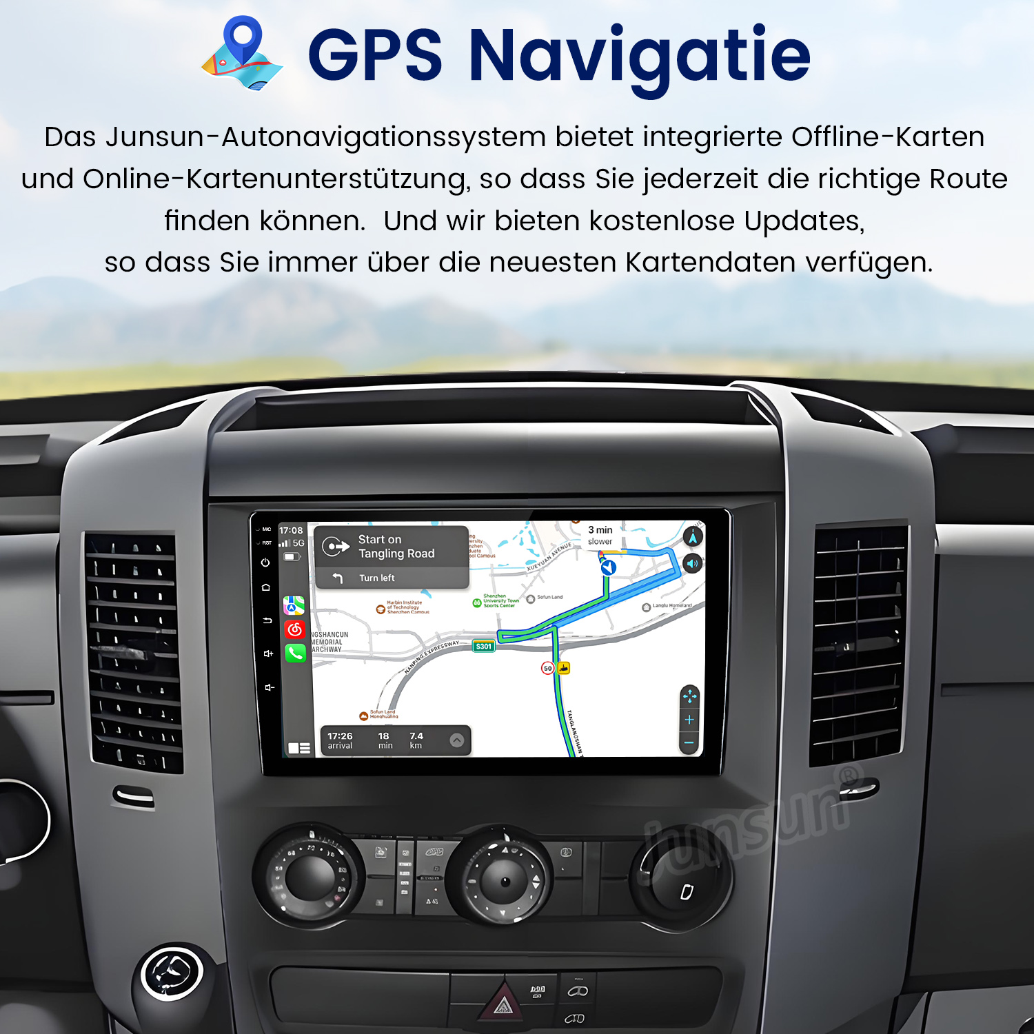 Autoinstrumententafel mit GPS-Navigationsbildschirm, der eine Karte mit Wegbeschreibungen und eine 'Links abbiegen'-Aufforderung anzeigt.