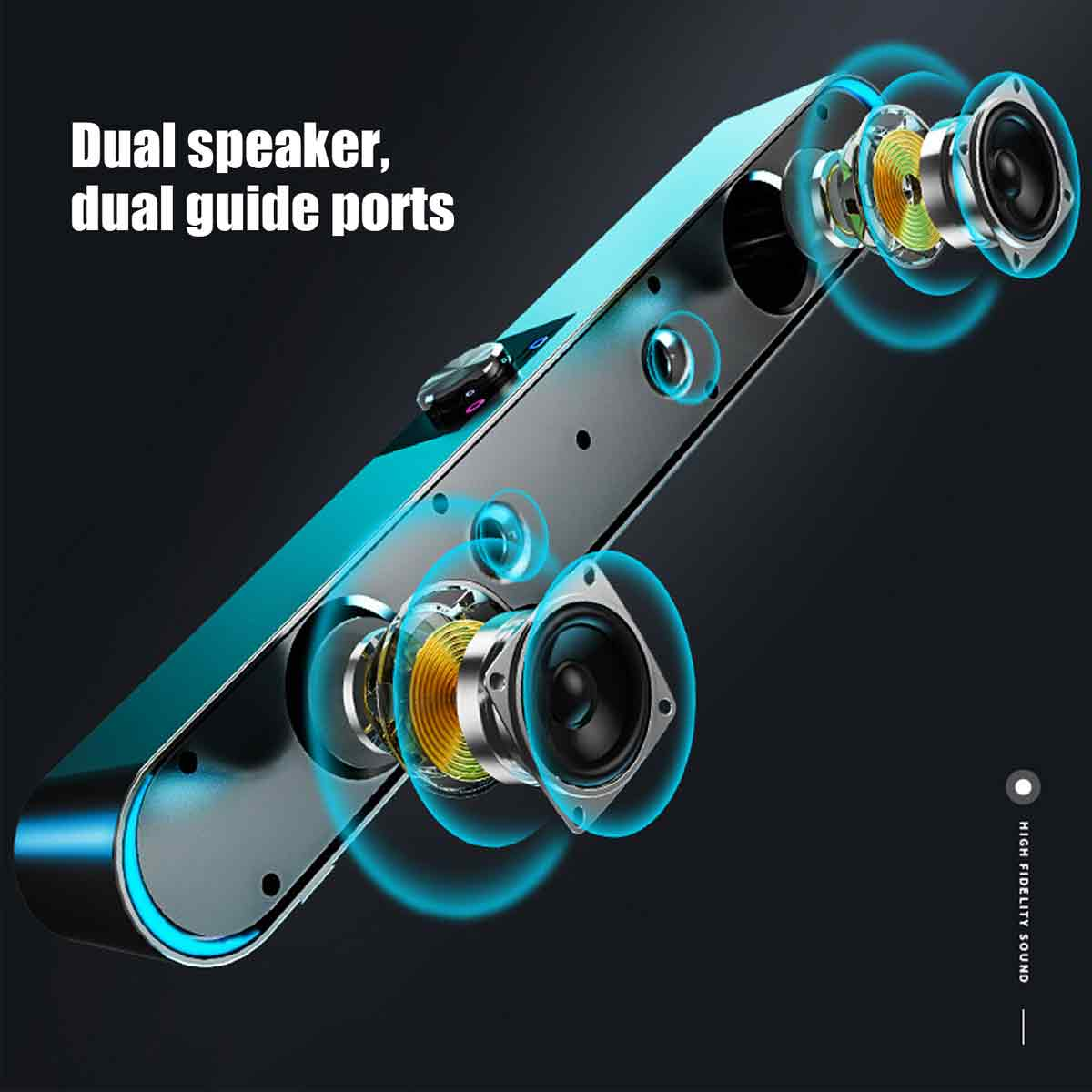 Ein Lautsprecher mit freiliegenden inneren Komponenten. Der Text lautet "Dual speaker, dual guide ports". Blaue Kreise heben die Lautsprecherteile hervor.