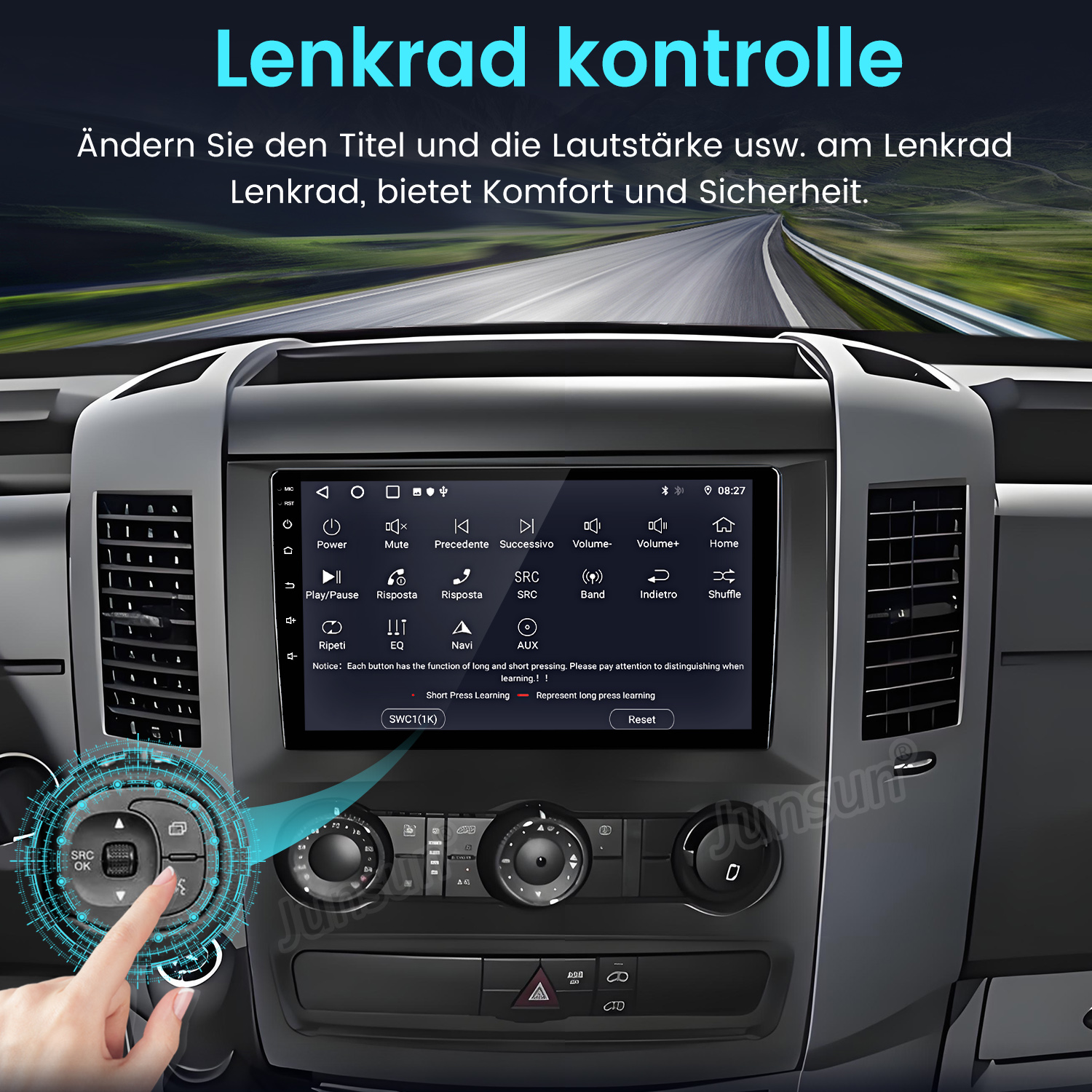 Armaturenbrett eines Autos mit Bildschirm, der Bedienelemente anzeigt. Eine Hand berührt einen Knopf. Text auf Deutsch wird angezeigt.