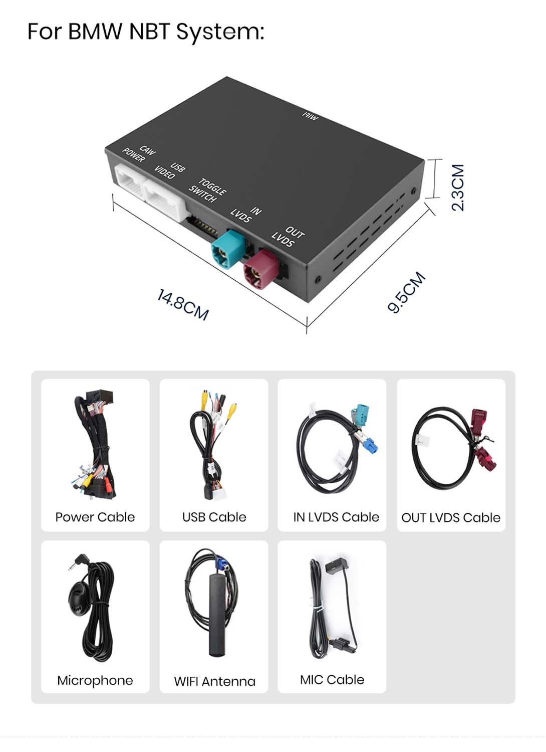 Obrazek przedstawia system BMW NBT, z czarną skrzynką i kablami. Wymiary są podane. Dodatkowe kable to zasilanie, USB i LVDS.
