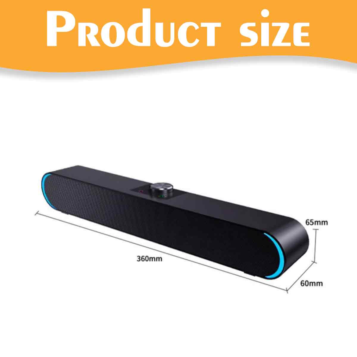 Eine schwarze Soundbar mit blauen Kanten und einem Knopf oben. Abmessungen: 360 mm Länge, 65 mm Höhe und 60 mm Breite. Text: Produktgröße.