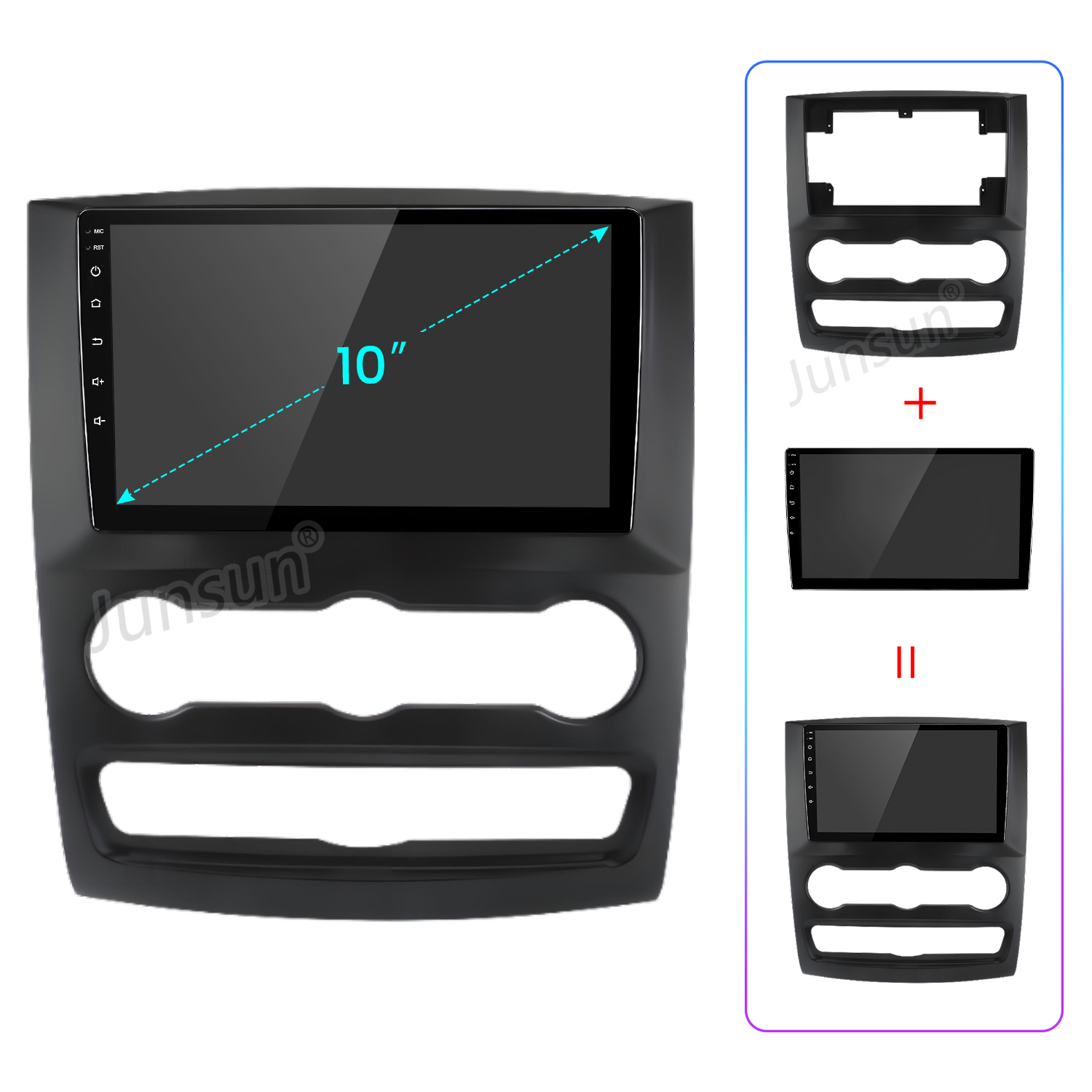 Ein 10-Zoll-Autoradio-Display mit schwarzem Rahmen wird gezeigt. Drei zusätzliche Displays sind zur Installation abgebildet.
