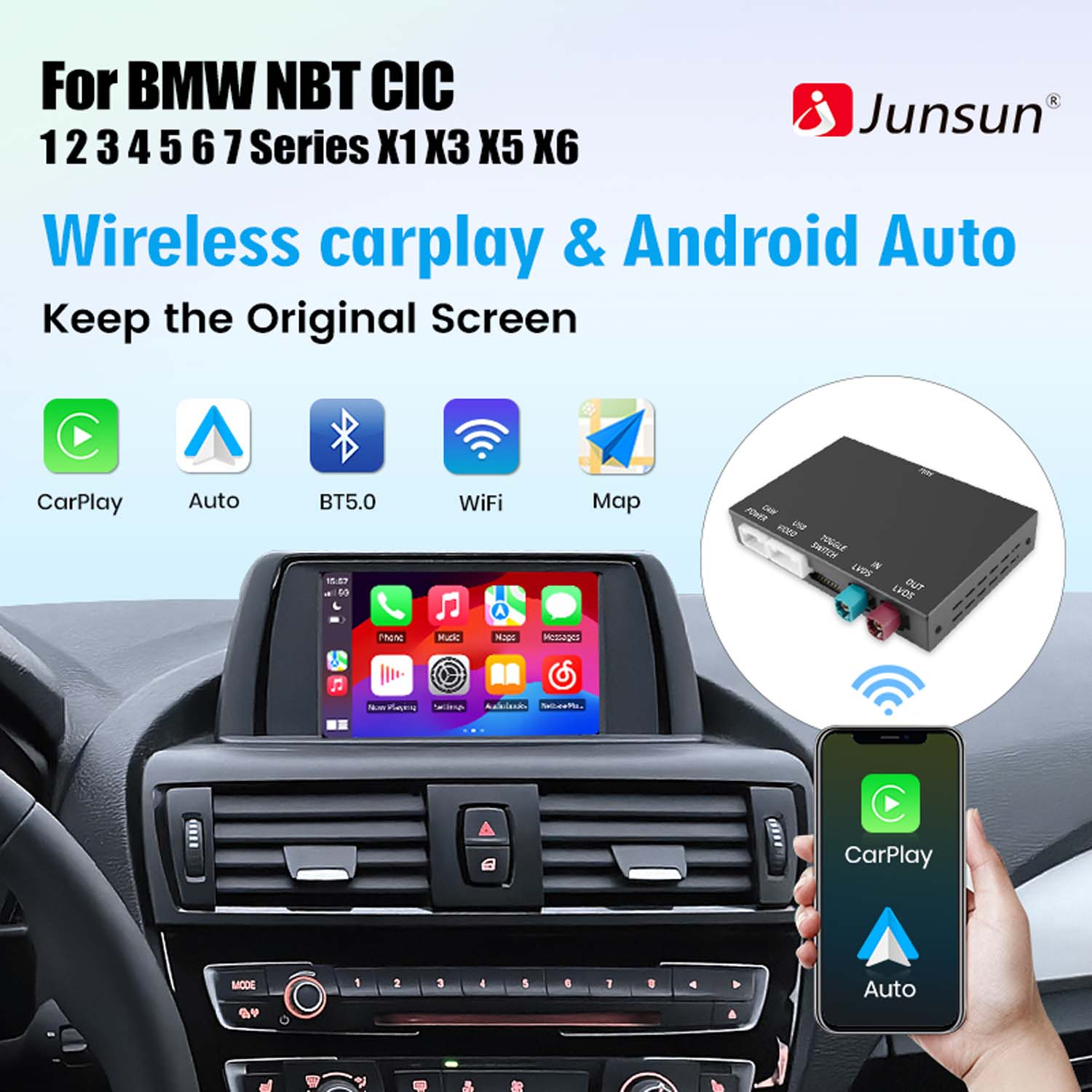 Interfejs Carplay i Android Auto dla BMW. Ekran wyświetla ikony aplikacji. Telefon wyświetla ikony CarPlay i Auto.