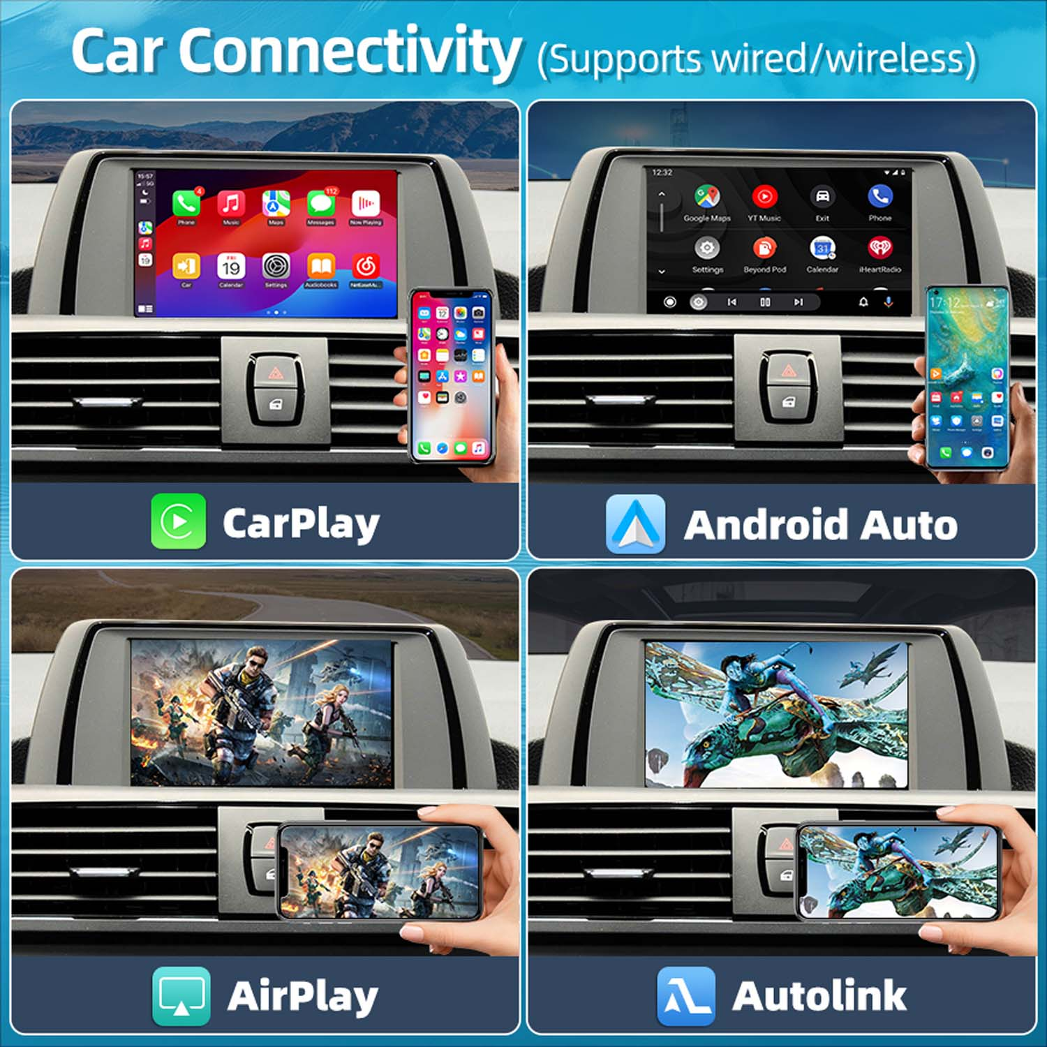 Obrazek pokazuje funkcje łączności samochodowej: CarPlay, Android Auto, AirPlay i Autolink. Wyświetlacze pokazują aplikacje telefoniczne i rozrywkę w samochodzie.