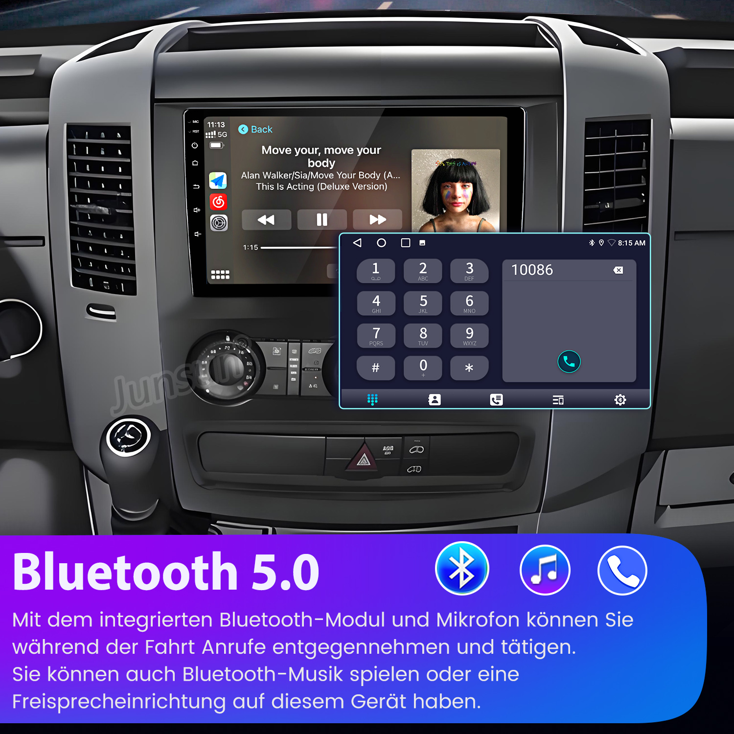 Aut Armaturenbrett mit Bildschirm, der Musik abspielt und eine Telefonschnittstelle hat. Bluetooth 5.0 wird beworben.