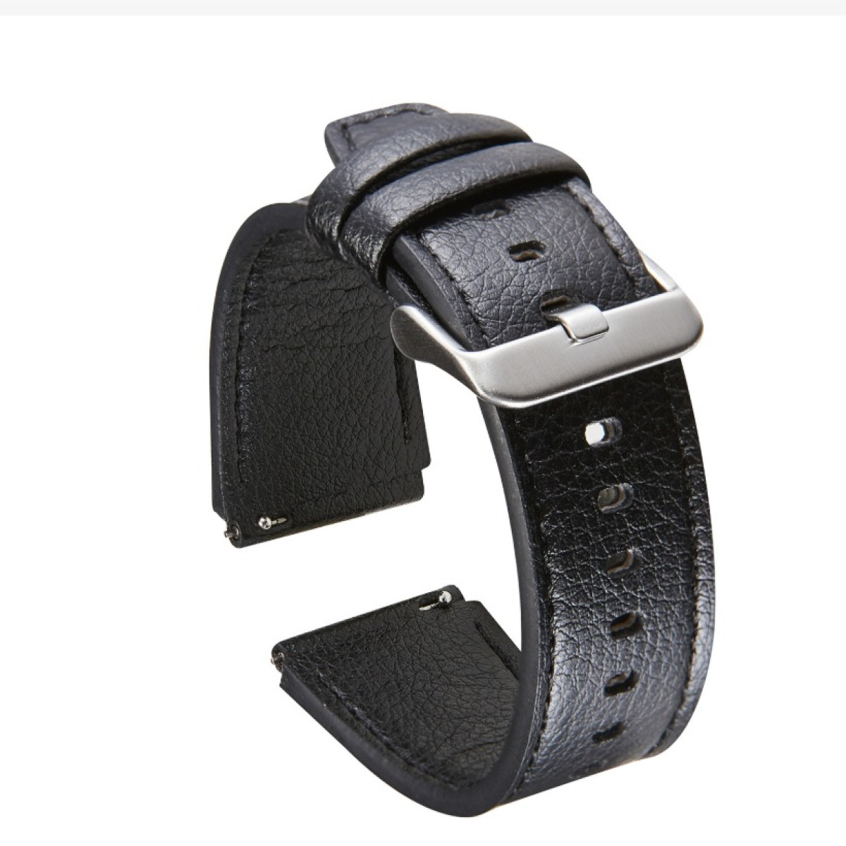 Ein schwarzes Lederarmband mit silberner Schnalle vor weißem Hintergrund.