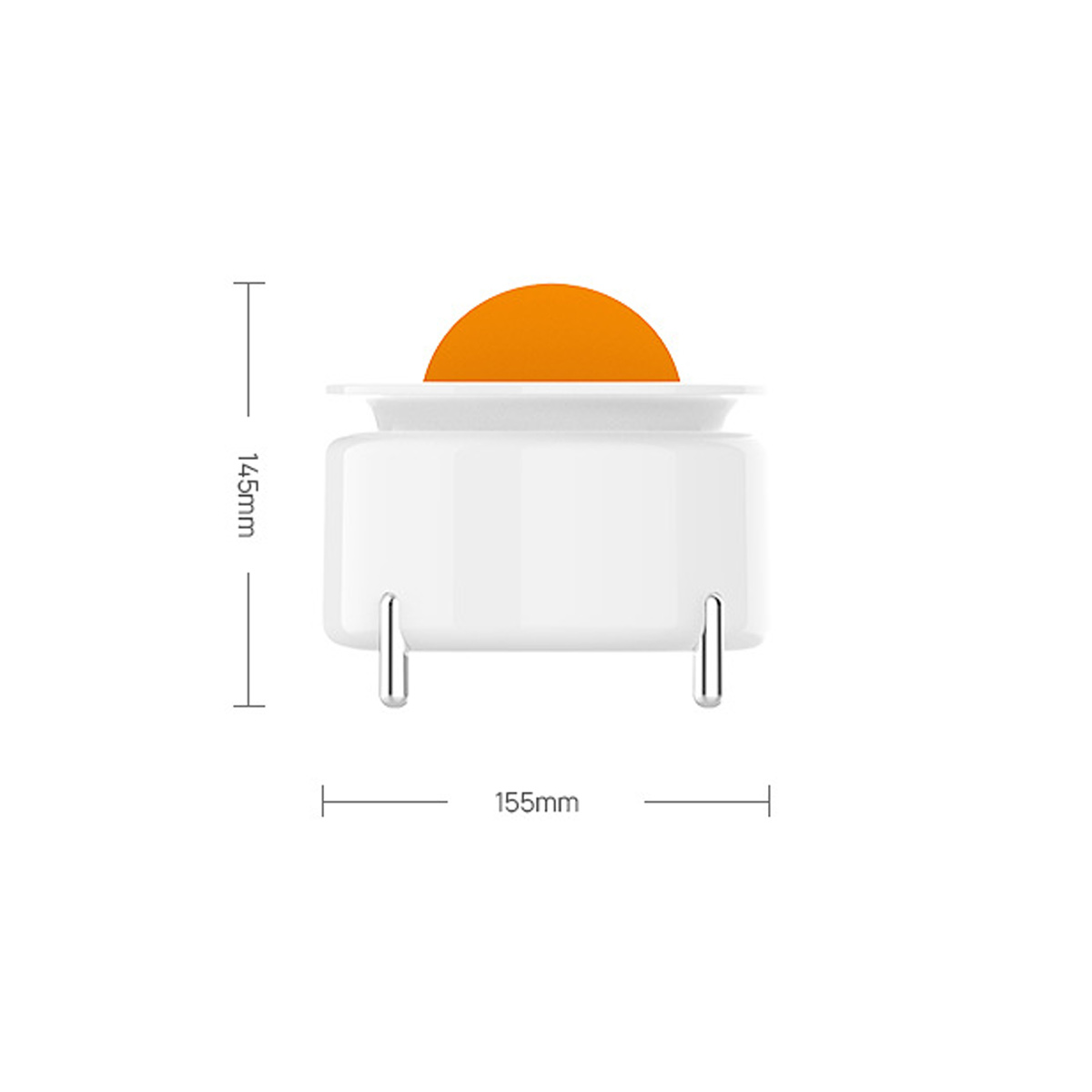 Ein weißer Behälter mit einem orangefarbenen Halbkreis oben. Er ist mit den Maßen versehen: 145 mm hoch, 155 mm breit.