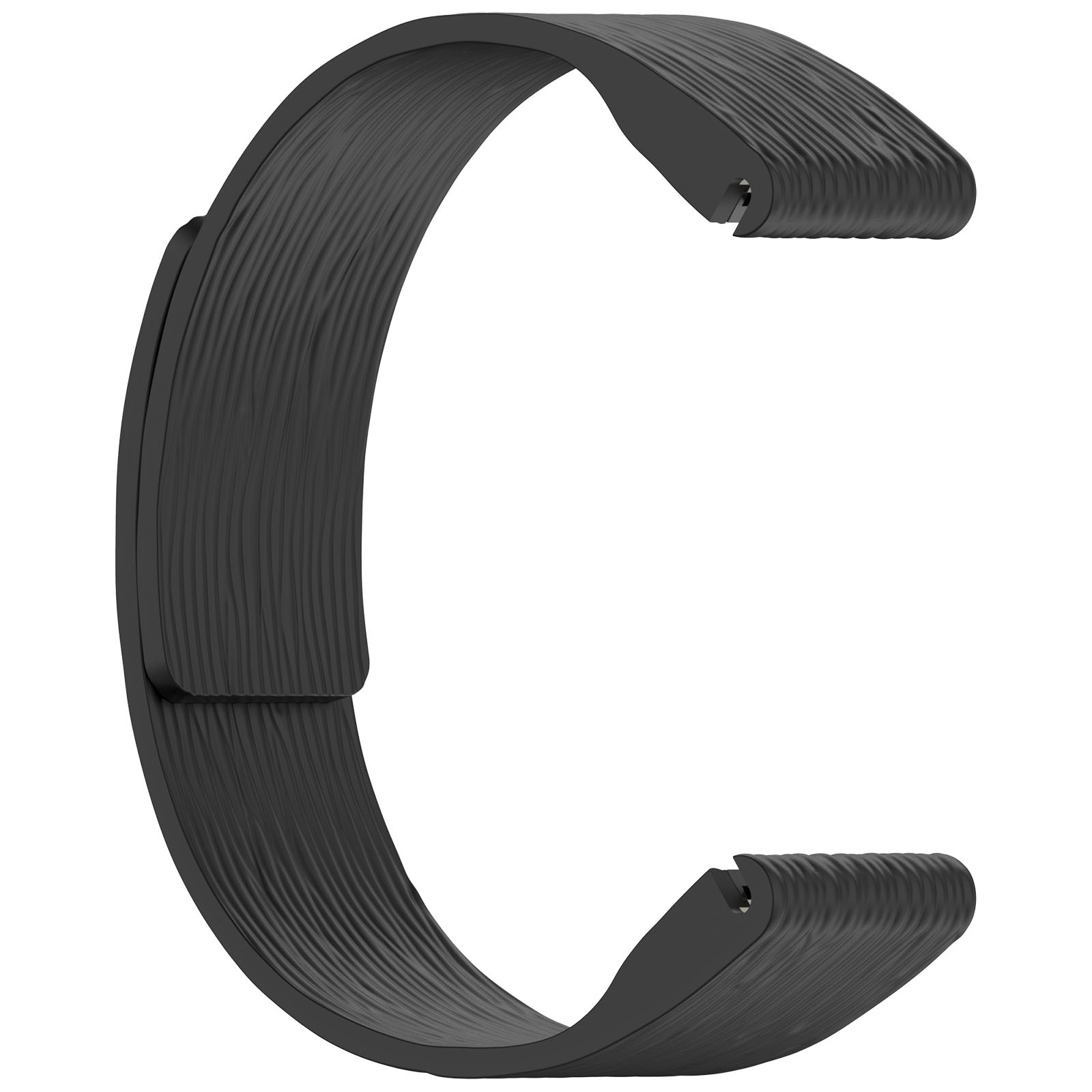 Ein schwarzes, gebogenes Uhrenarmband. Das Armband hat eine strukturierte Oberfläche und scheint aus flexiblem Material zu sein.
