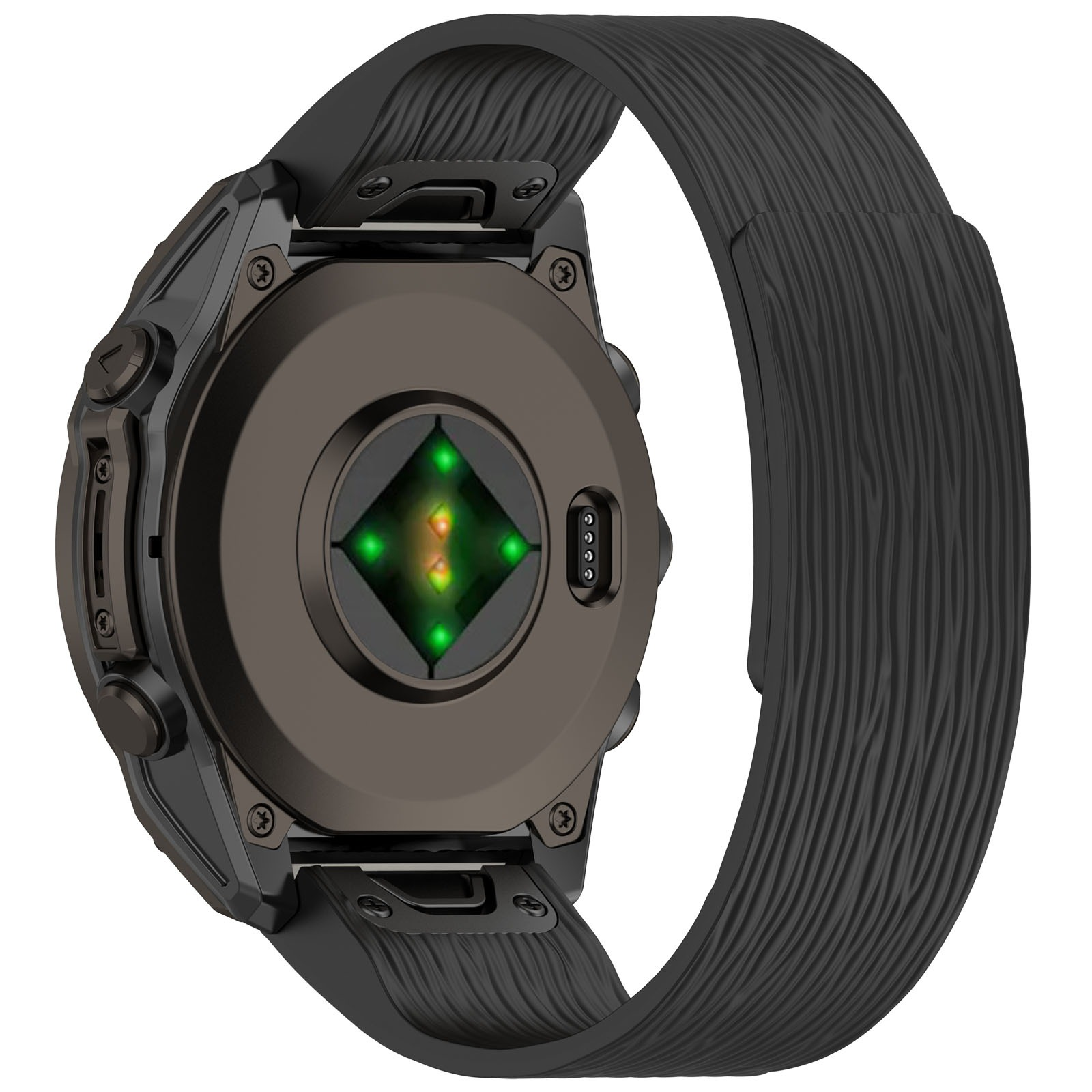 Schwarze Smartwatch mit strukturiertem Armband. Die Rückseite zeigt einen Herzfrequenzsensor mit grünen Lichtern.
