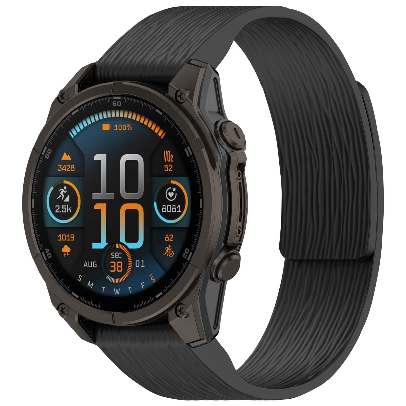 Eine schwarze Smartwatch zeigt Zeit, Statistiken und Akku. Sie hat ein dunkelgraues Band mit strukturiertem Muster.