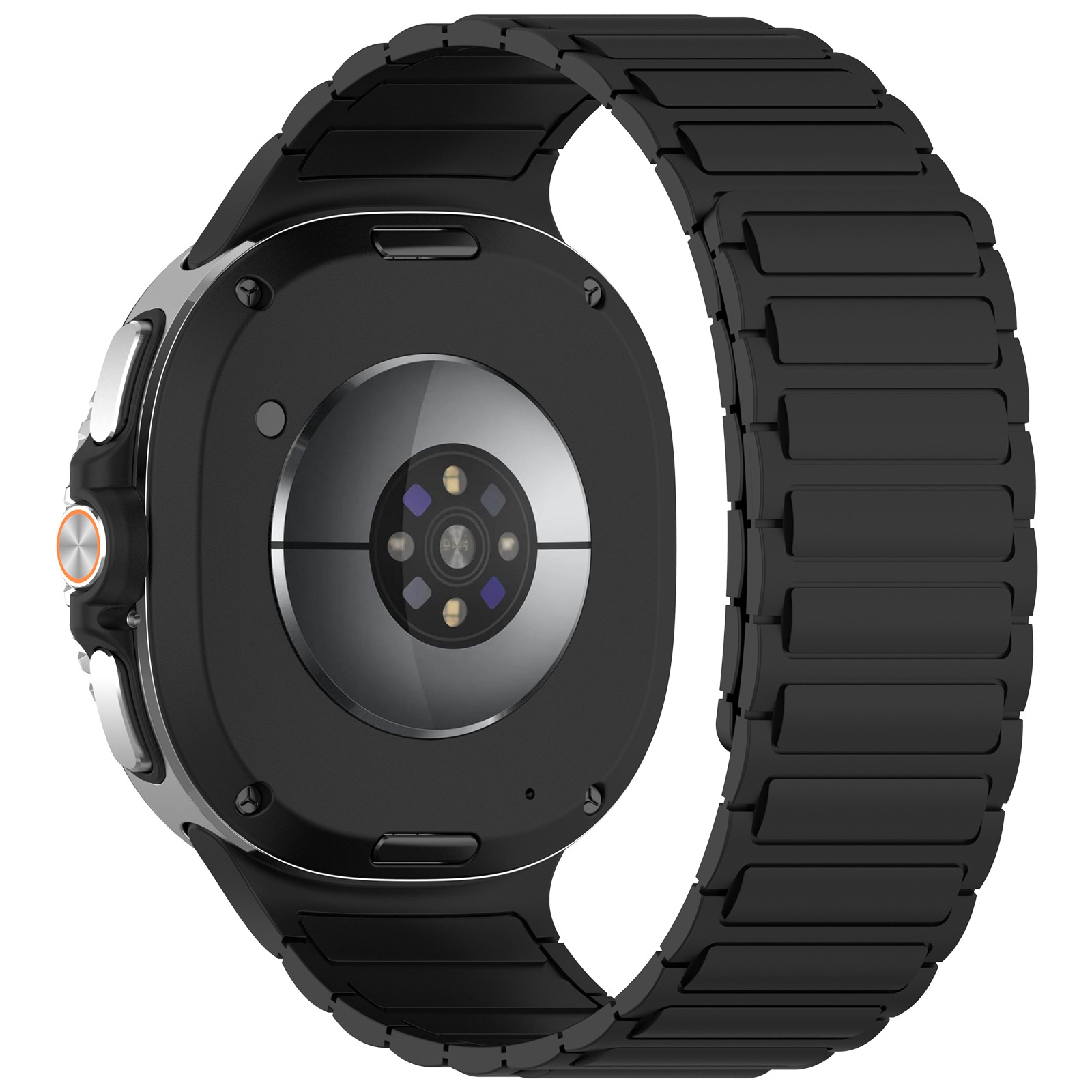 Smartwatch nera con cinturino in metallo. Il retro mostra sensori e un cardiofrequenzimetro. L'orologio è su sfondo bianco.
