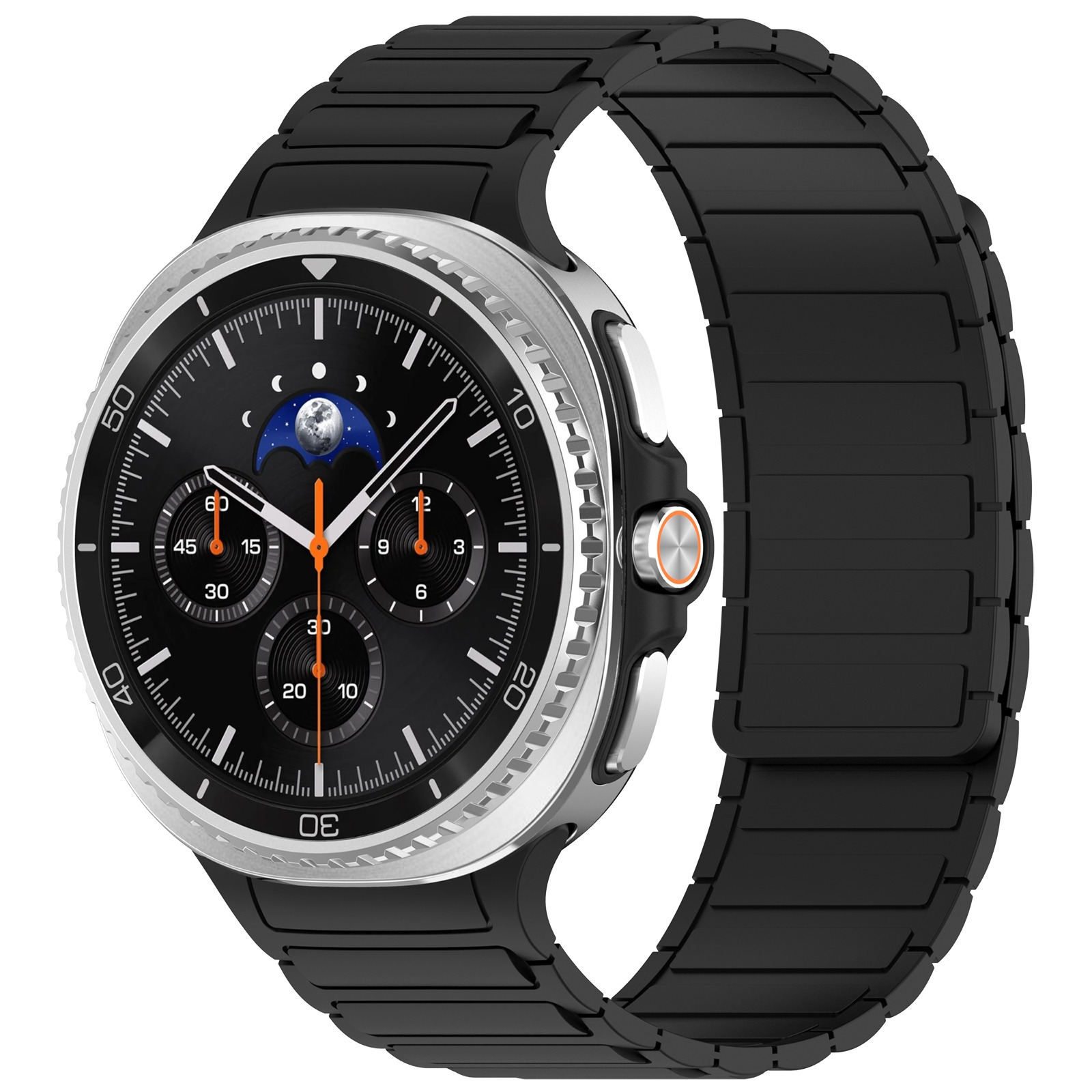 Uno smartwatch argentato con quadrante e cinturino neri. L'orologio mostra l'ora e la fase lunare.