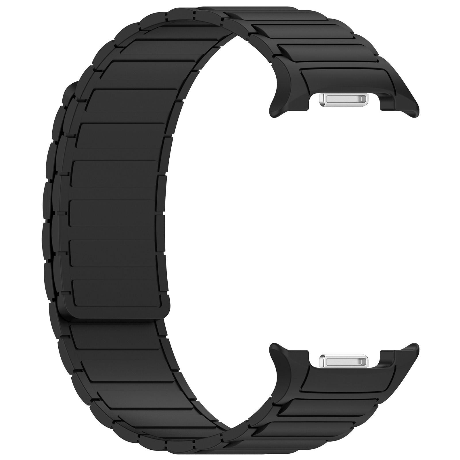 Un cinturino nero curvo è isolato su sfondo bianco. Il cinturino è segmentato con chiusure metalliche.
