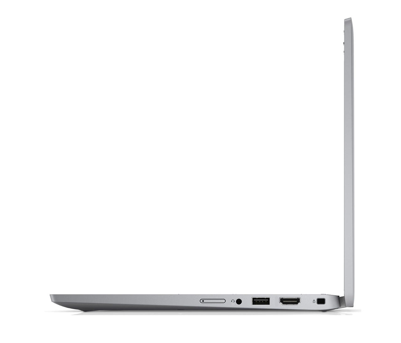 Seitenansicht eines silbernen Laptops. Anschlüsse umfassen USB, HDMI und Audio. Der Bildschirm ist offen, innen weiß.
