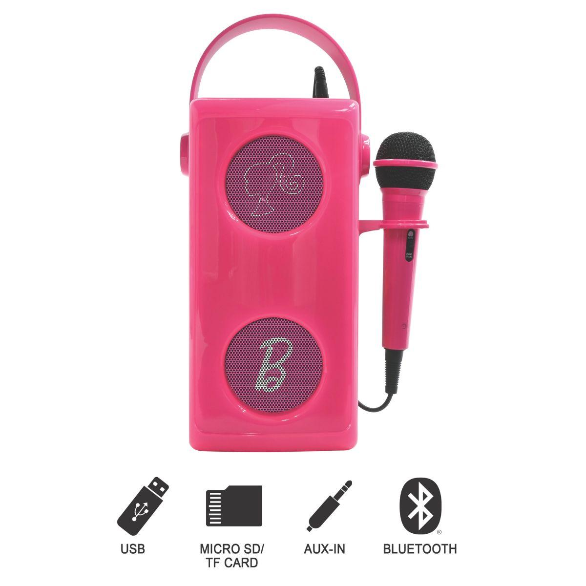 Altoparlante rosa con maniglia e microfono. Simboli: USB, Micro SD, Aux-in e Bluetooth. Gli altoparlanti hanno il logo Barbie.