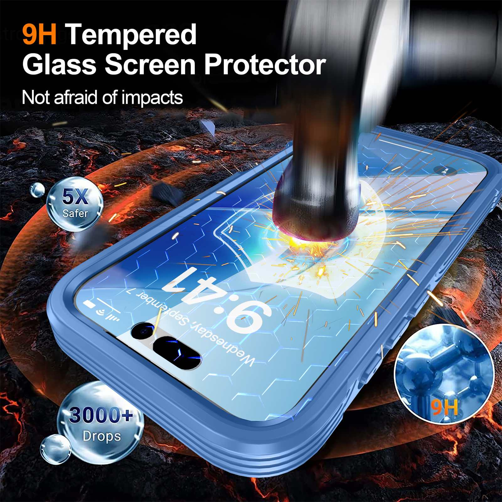 Ein Handy-Displayschutz wird mit einem Hammer getroffen. Text sagt '9H Tempered Glass'. Zeigt auch '5X Safer' und '3000+ Drops'.