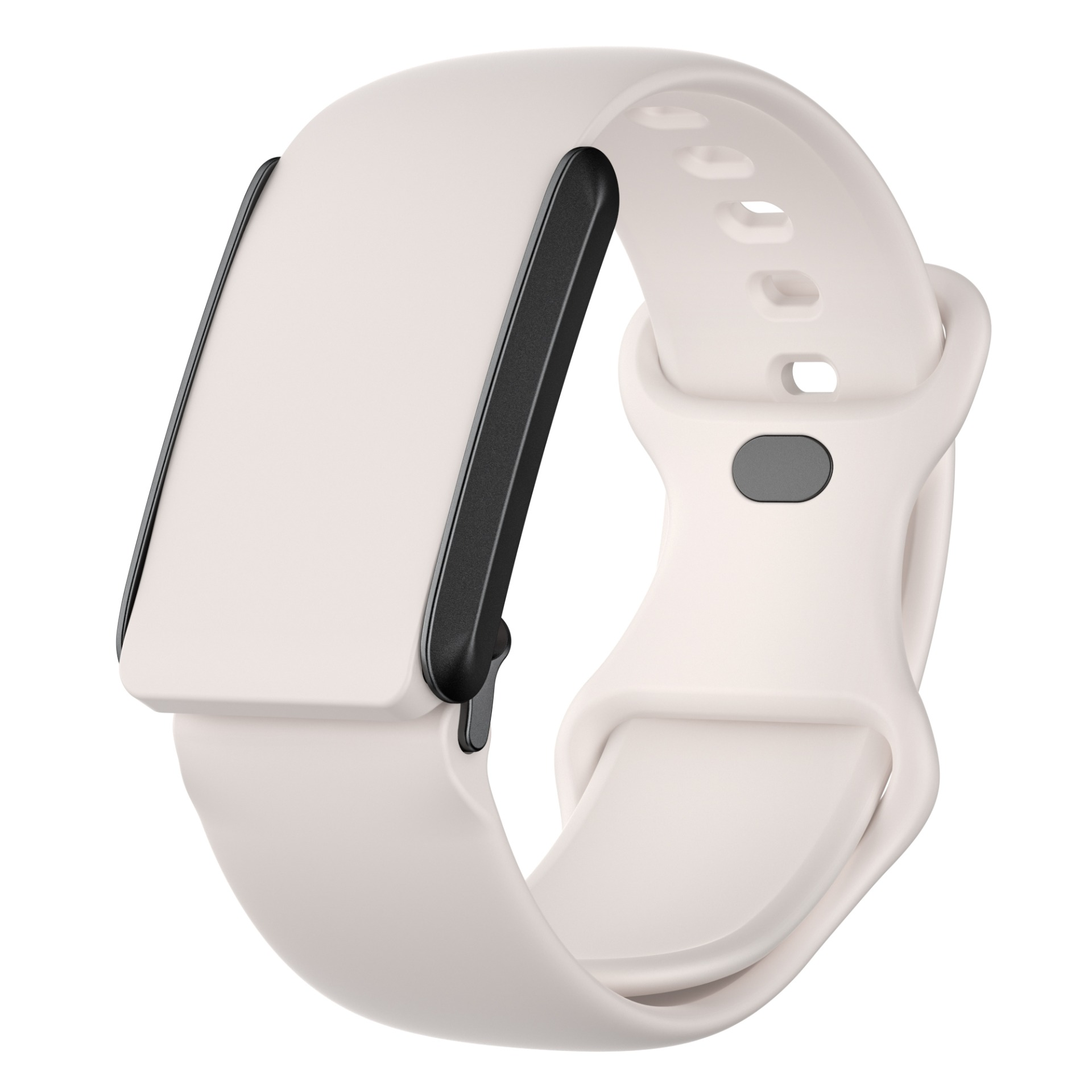 Ein weißes Smartwatch-Armband mit schwarzem Rand und einem grauen Knopf. Das Design ist geschwungen und modern.