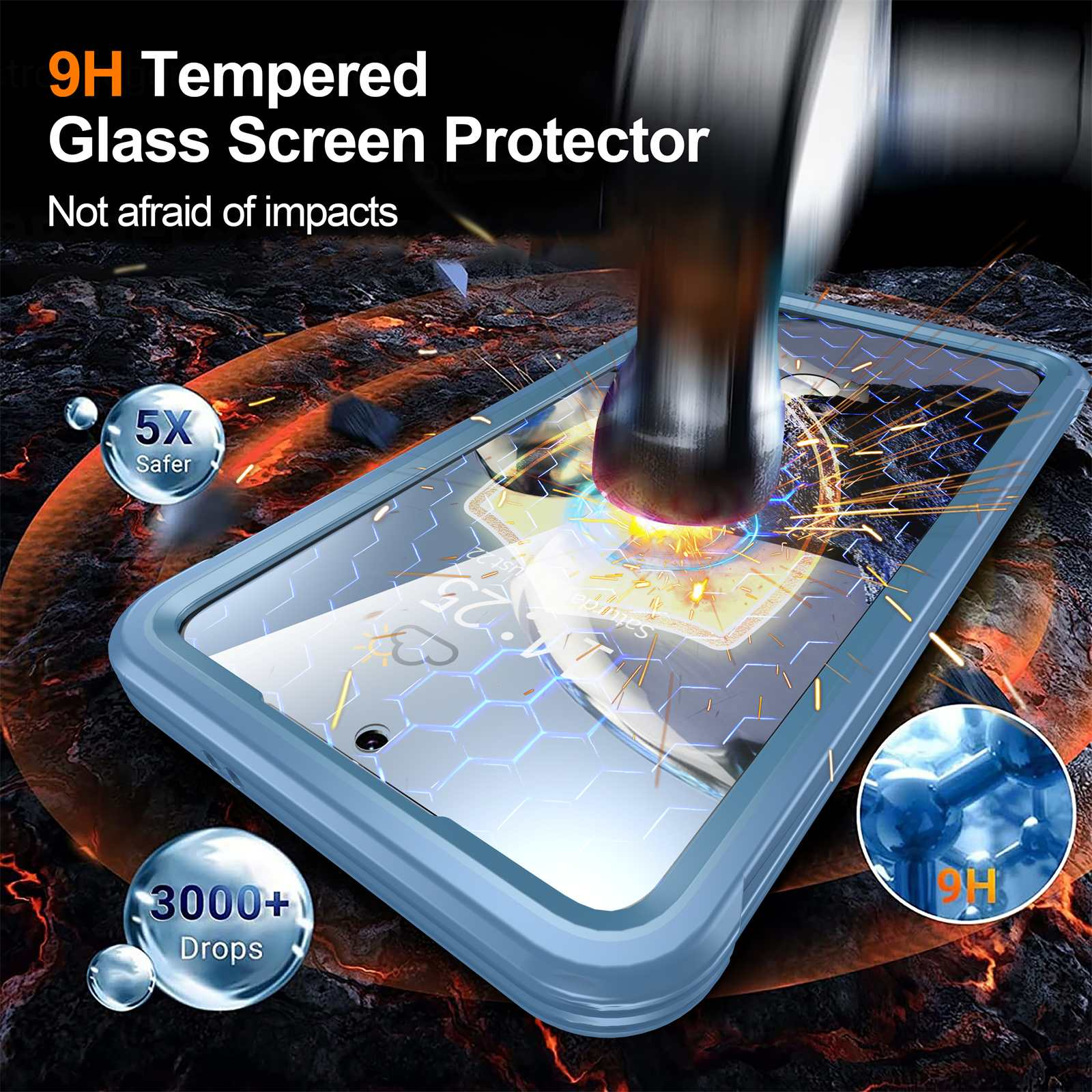 Ein Displayschutz wird von einem Hammer getroffen. Der Schutz hat einen blauen Rahmen. Text: 9H Tempered Glass Screen Protector.