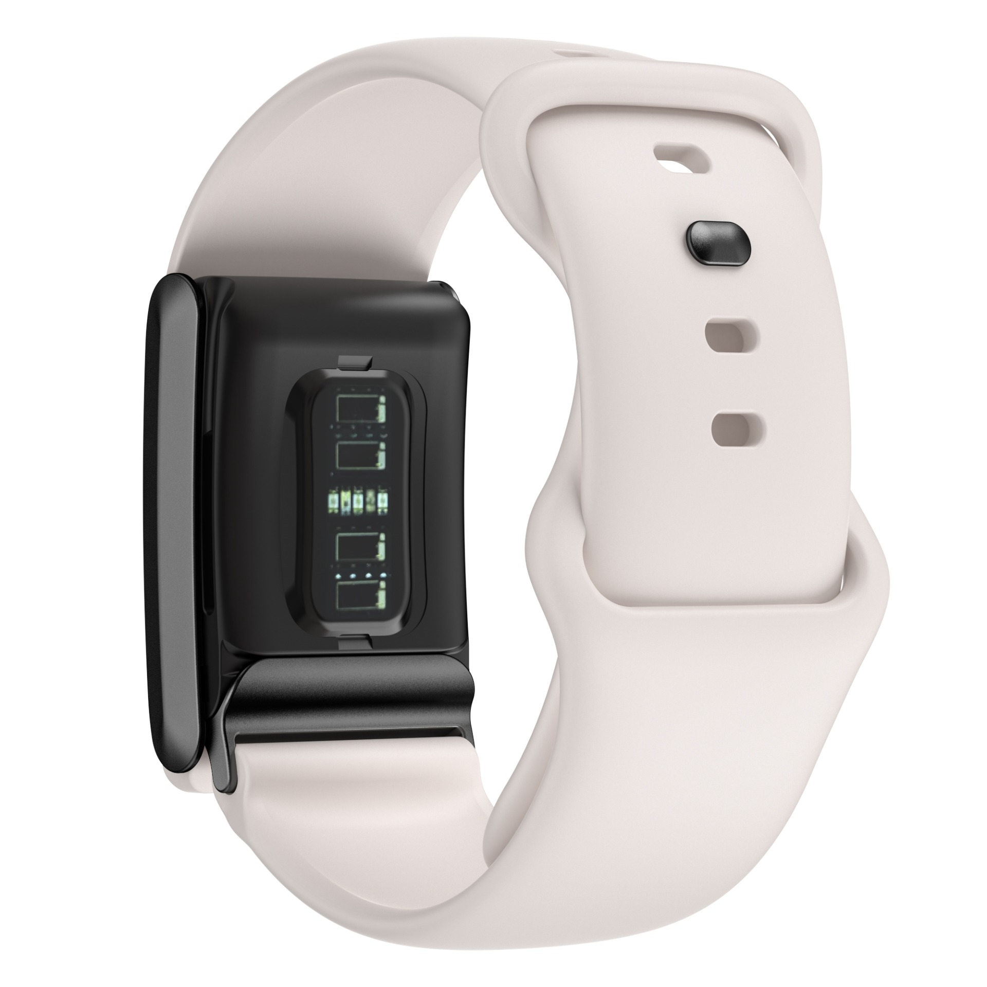 Ein weißer Fitness-Tracker mit schwarzem Bildschirm und Armband. Das Display zeigt eine digitale Oberfläche. Das Band hat eine Schnalle.