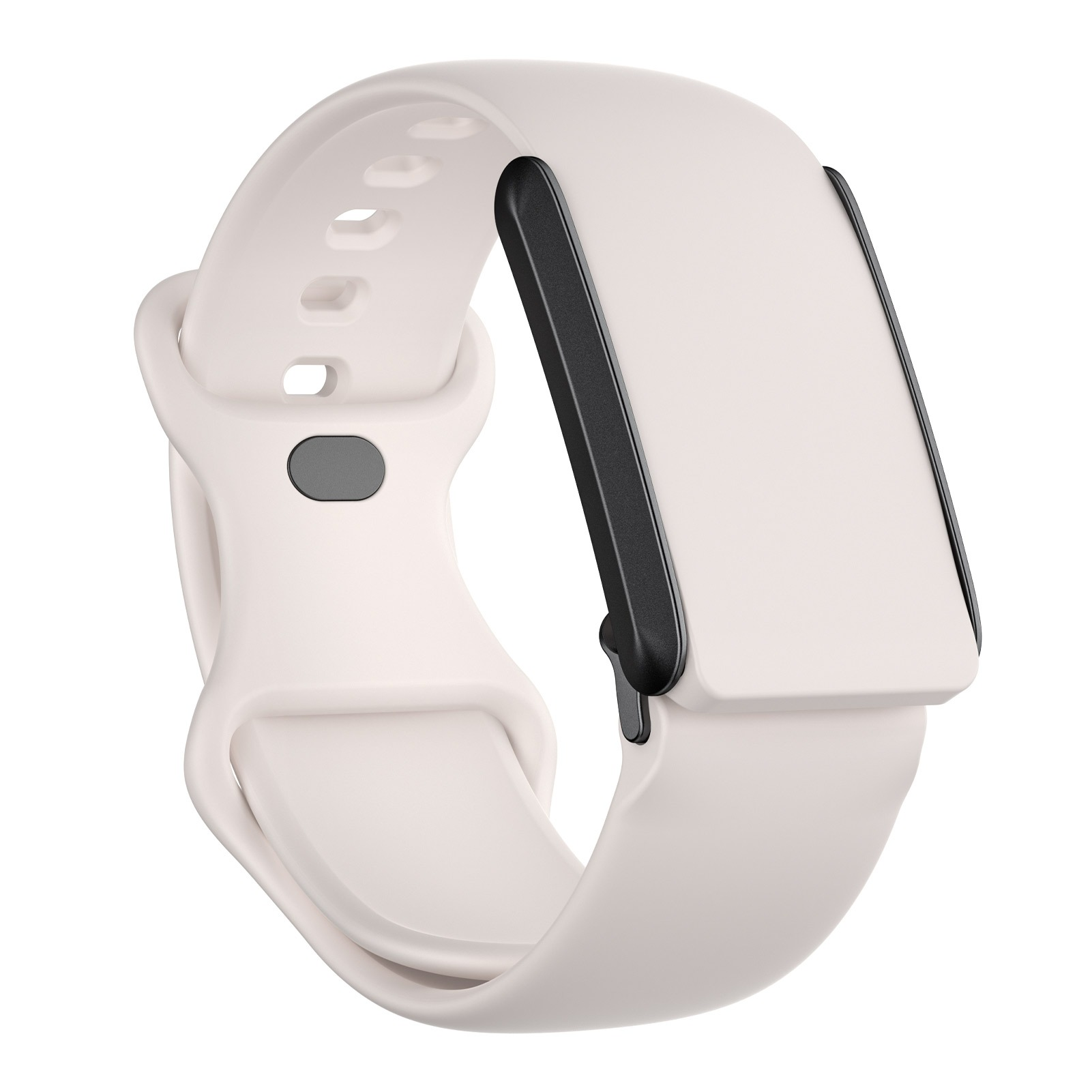 Eine weiße Smartwatch mit schwarzem Rand. Das Band hat ein glattes, geschwungenes Design mit einem Knopf.