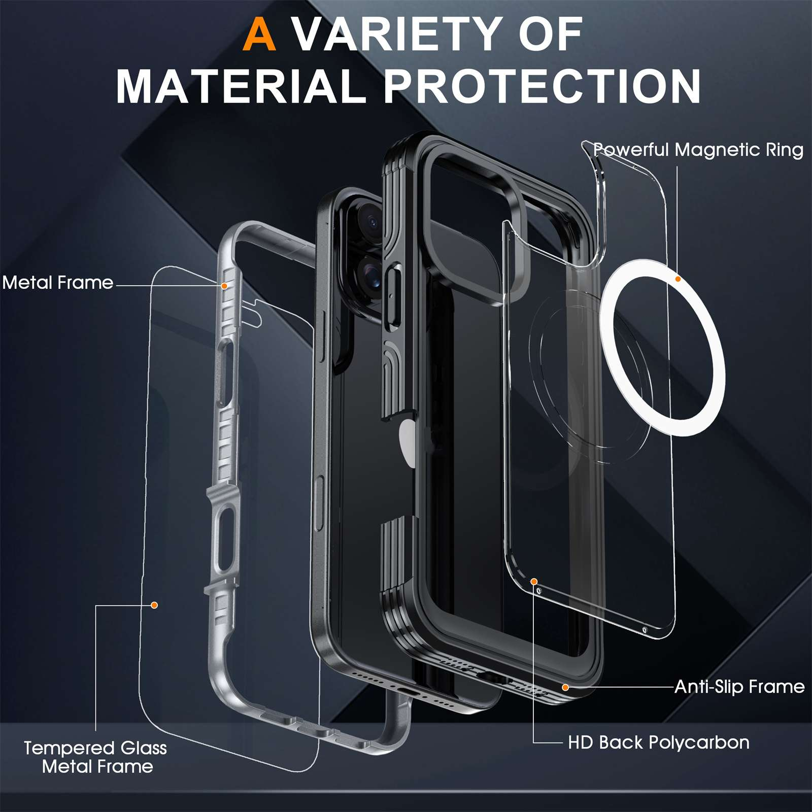Das Bild zeigt eine Handyhülle mit Schichten: gehärtetes Glas, Metallrahmen, Telefon und transparente Hülle mit Magnetring.