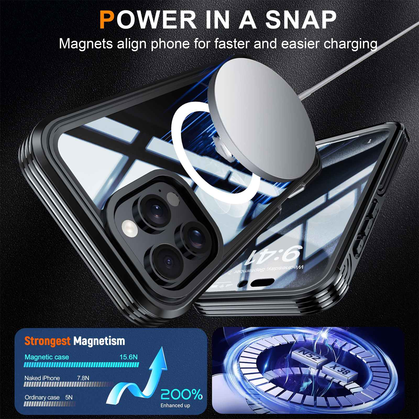 Ein Telefon mit Magnetgehäuse wird mit einer Ladescheibe gezeigt. Text lautet: Power in a Snap. Stärkster Magnetismus.