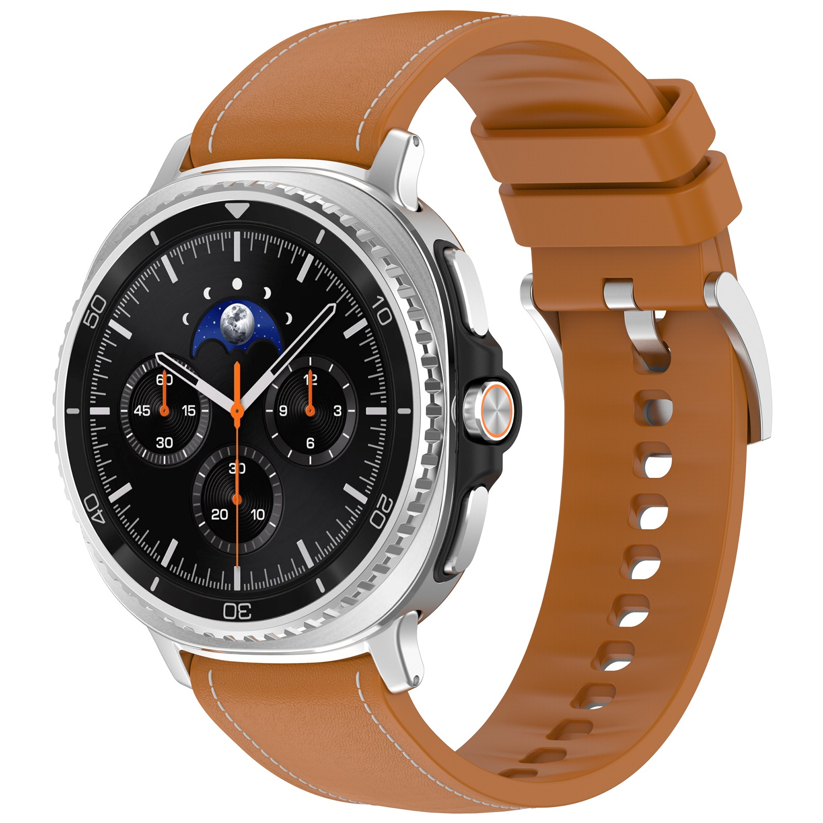 Uno smartwatch argento e nero con cinturino in pelle marrone, che mostra la fase lunare sul quadrante.