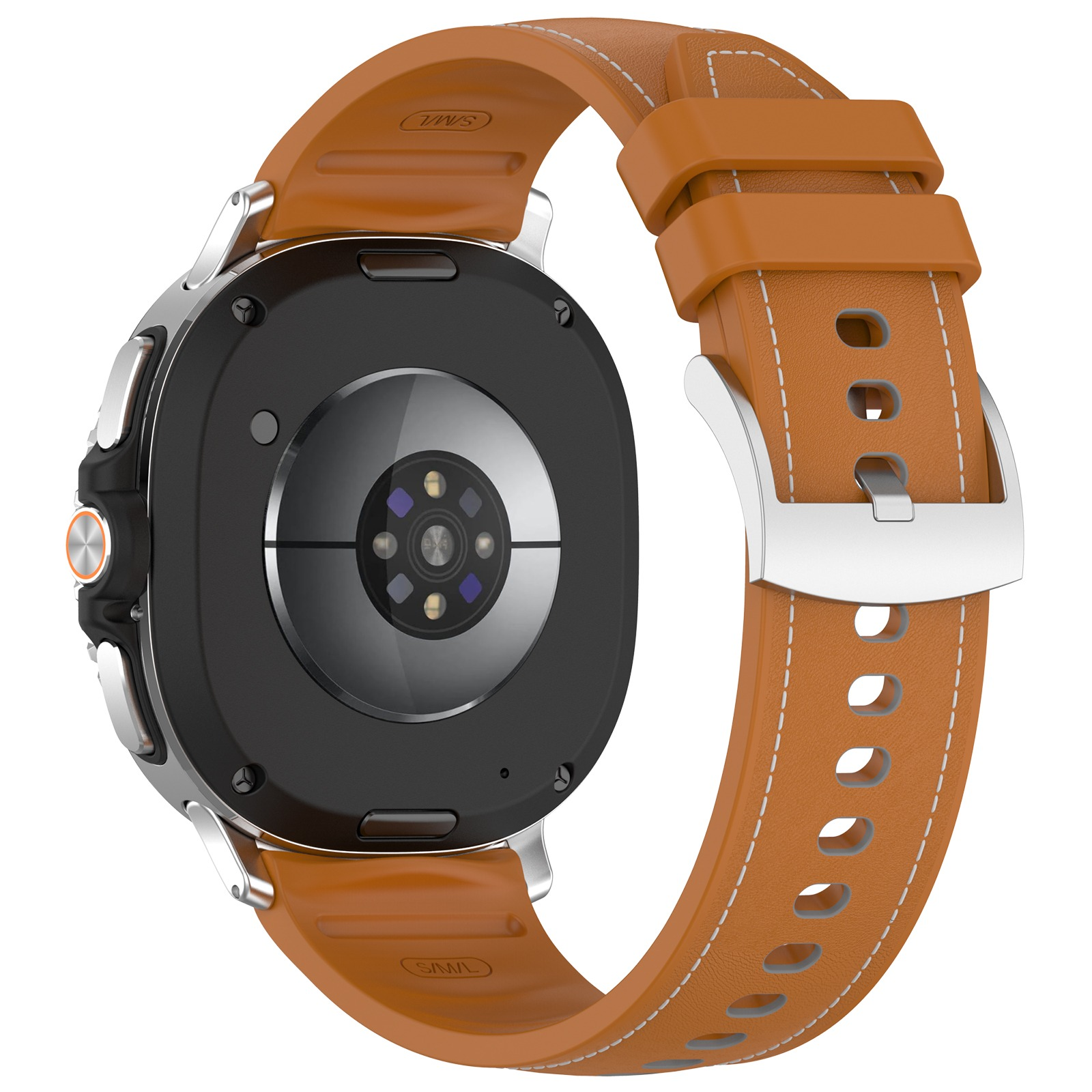 Primo piano di uno smartwatch. Ha un cinturino in pelle arancione e un quadrante nero. Il retro ha dei sensori.
