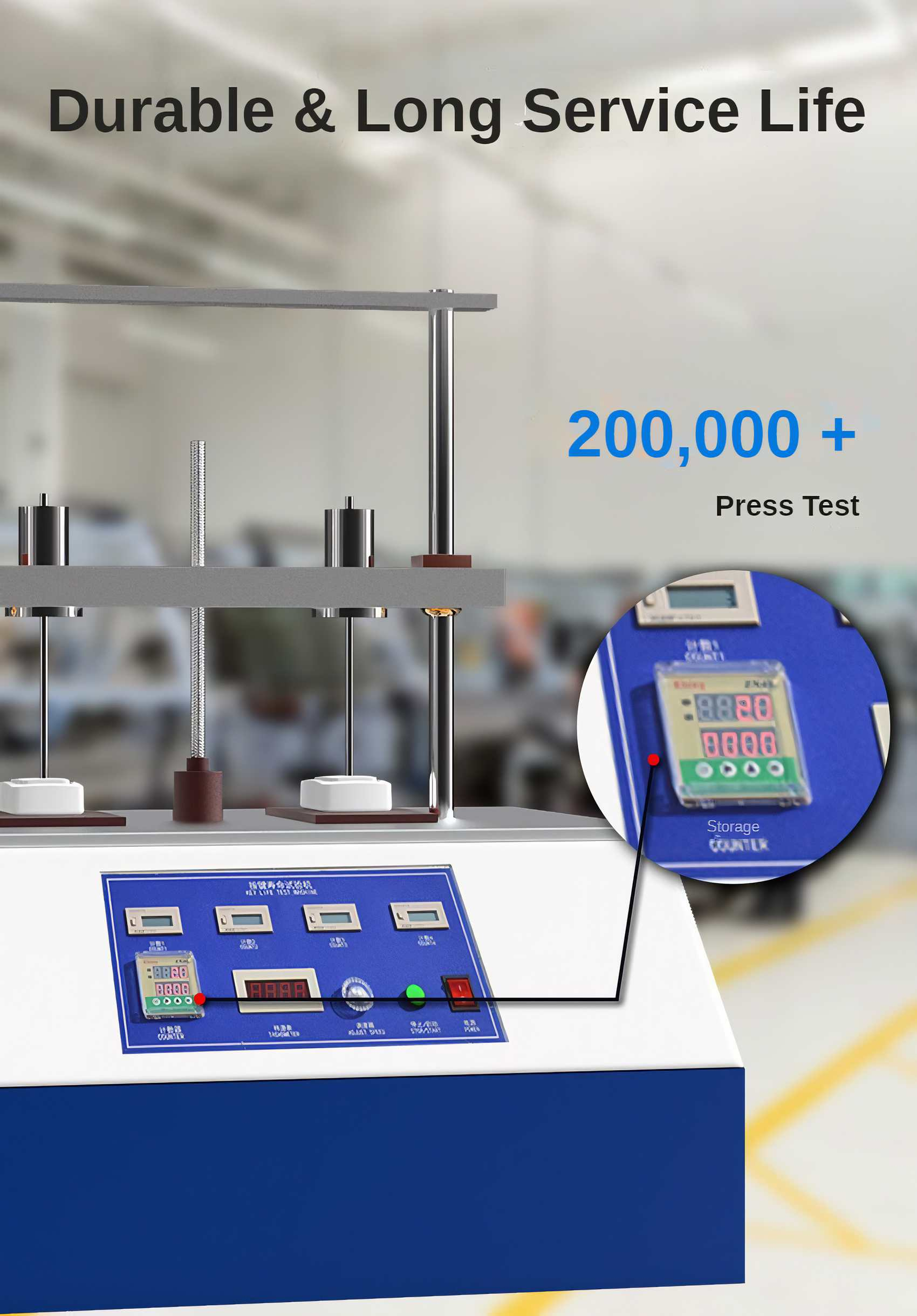 Testmaschine mit Digitalanzeigen und Text. Liest '200.000 + Press Test'. Der Hintergrund ist verschwommen.