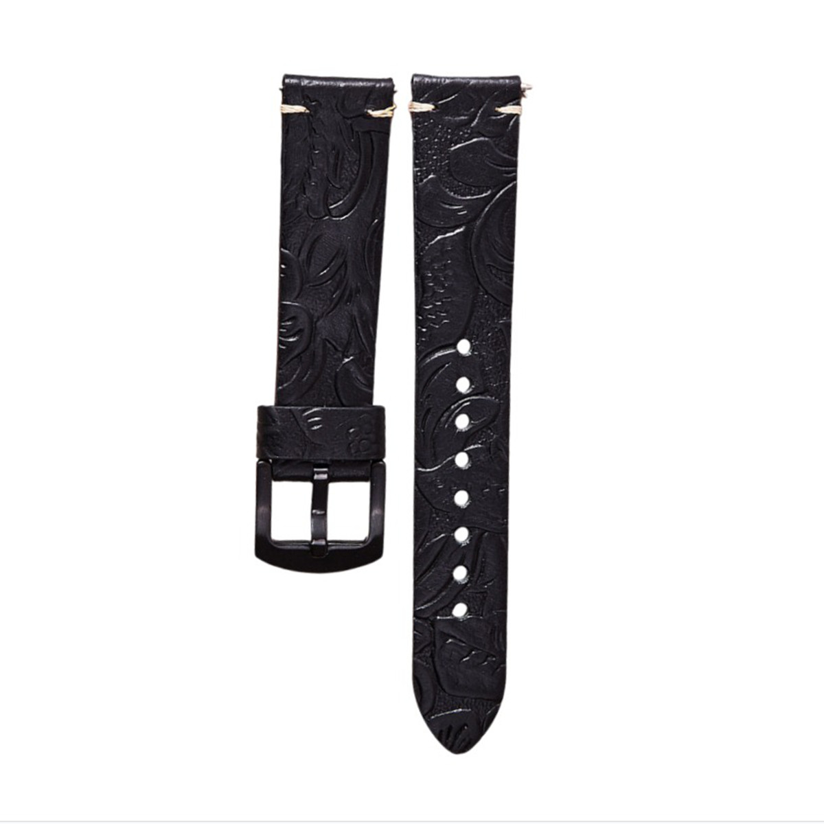 Due cinturini per orologi in pelle nera goffrata. Uno con fibbia, l'altro con fori. Entrambi hanno motivi floreali e cuciture beige.