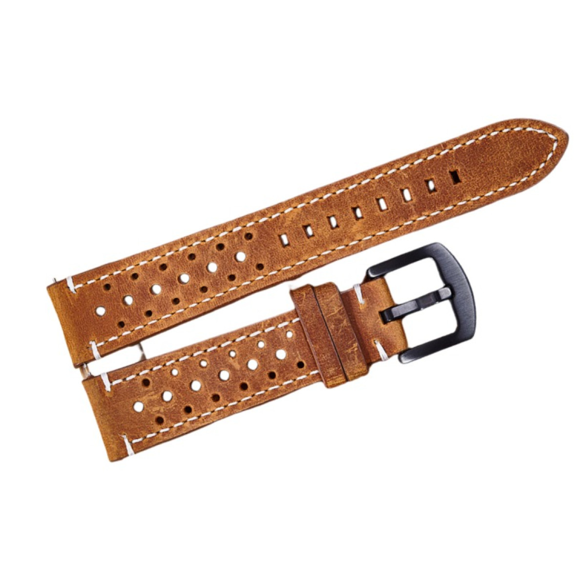 Cinturino in pelle marrone con cuciture bianche e fibbia nera, isolato su sfondo bianco.