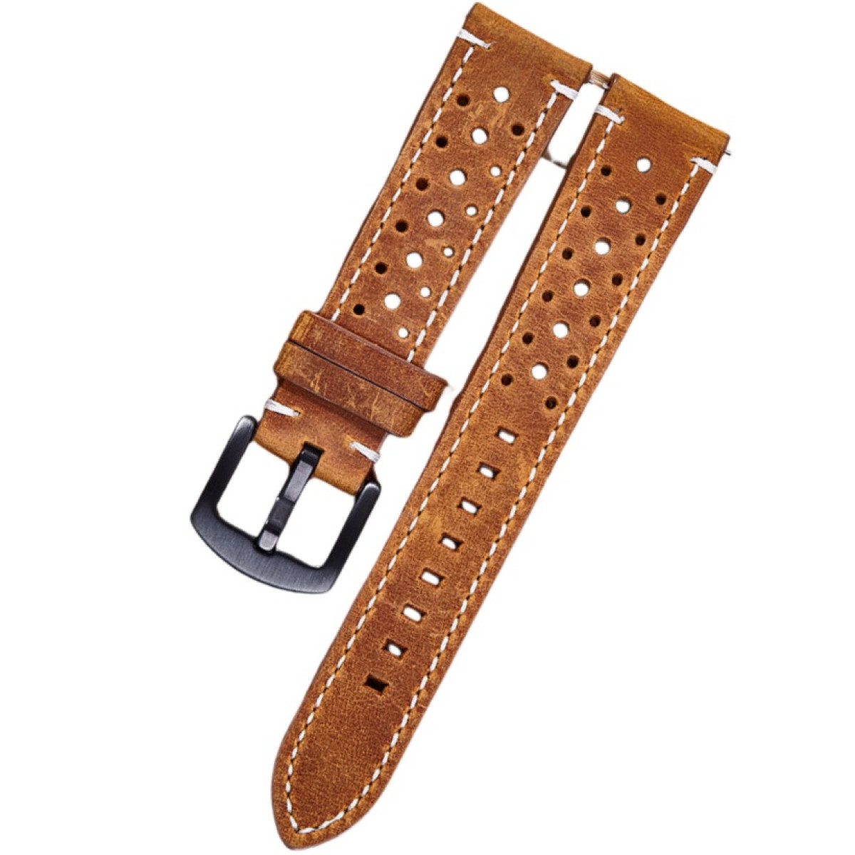 Cinturino in pelle marrone con cuciture bianche e fibbia nera. Design perforato e pelle strutturata.