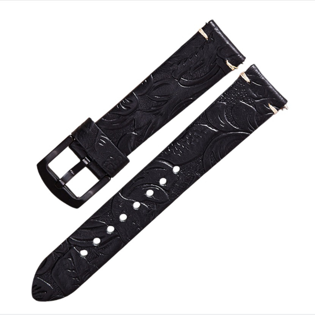 Cinturini per orologi in pelle nera con motivo floreale e fibbia nera, su sfondo bianco.