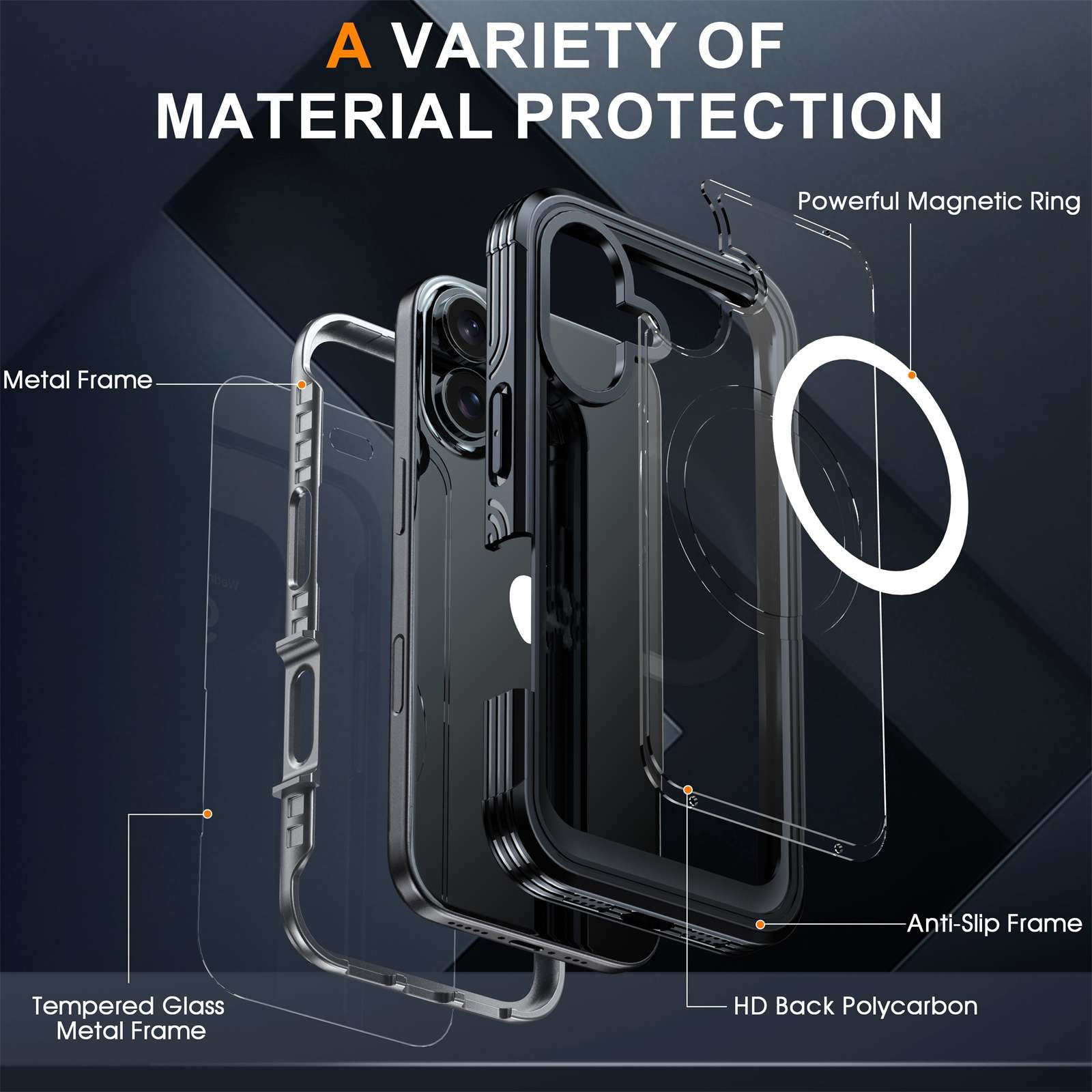 Das Bild zeigt eine Handyhülle mit Beschriftungen, die auf ihre Eigenschaften hinweisen: Metallrahmen, gehärtetes Glas, Magnetring und rutschfester Rahmen.