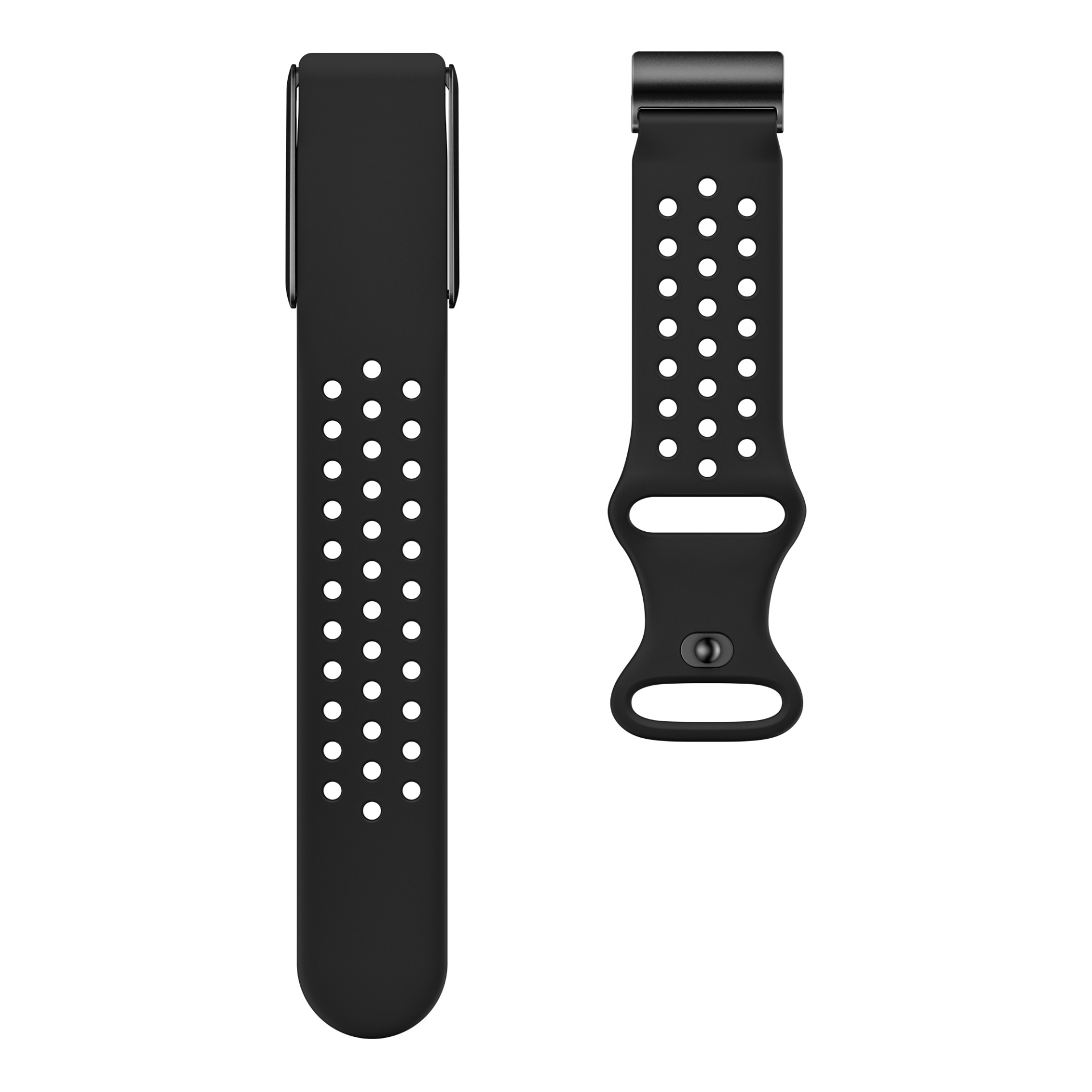 Zwei schwarze Uhrenarmbänder. Eines ist länger mit Löchern, das andere kürzer mit Verschluss.