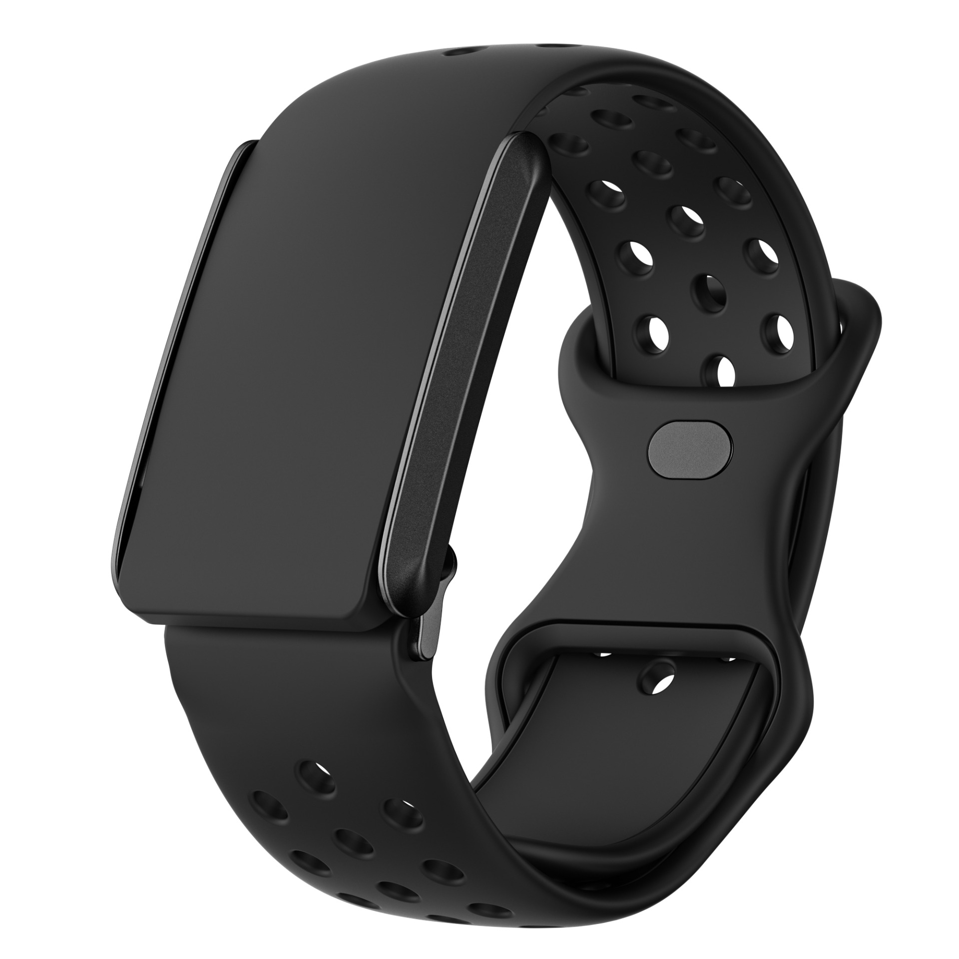 Ein schwarzes Armband für eine Smartwatch mit Löchern. Das Armband ist gebogen und aus flexiblem Material. Weißer Hintergrund.